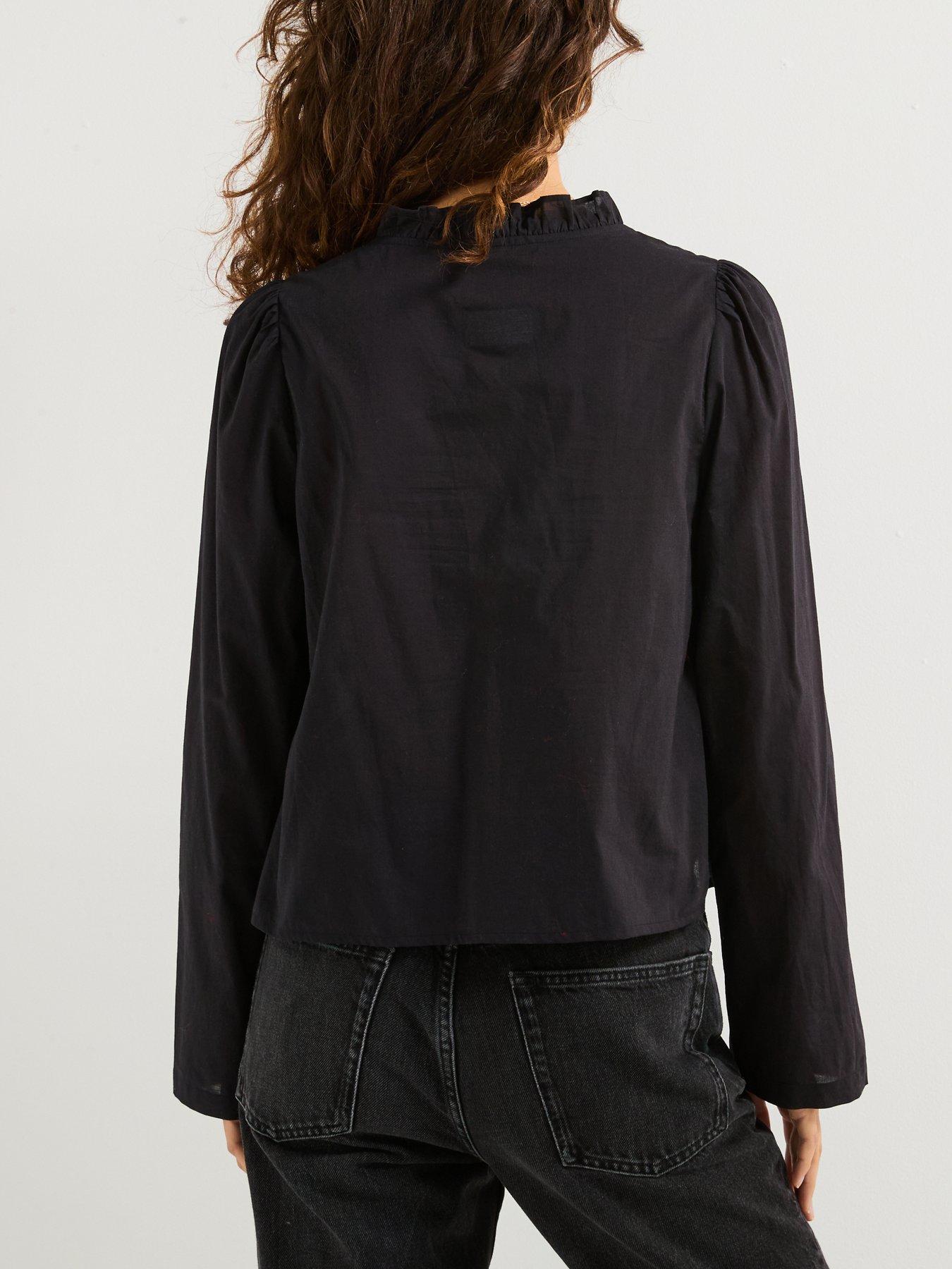 Image 2 of 6 of PIECES V Neck Frill Detail Blouse - Black