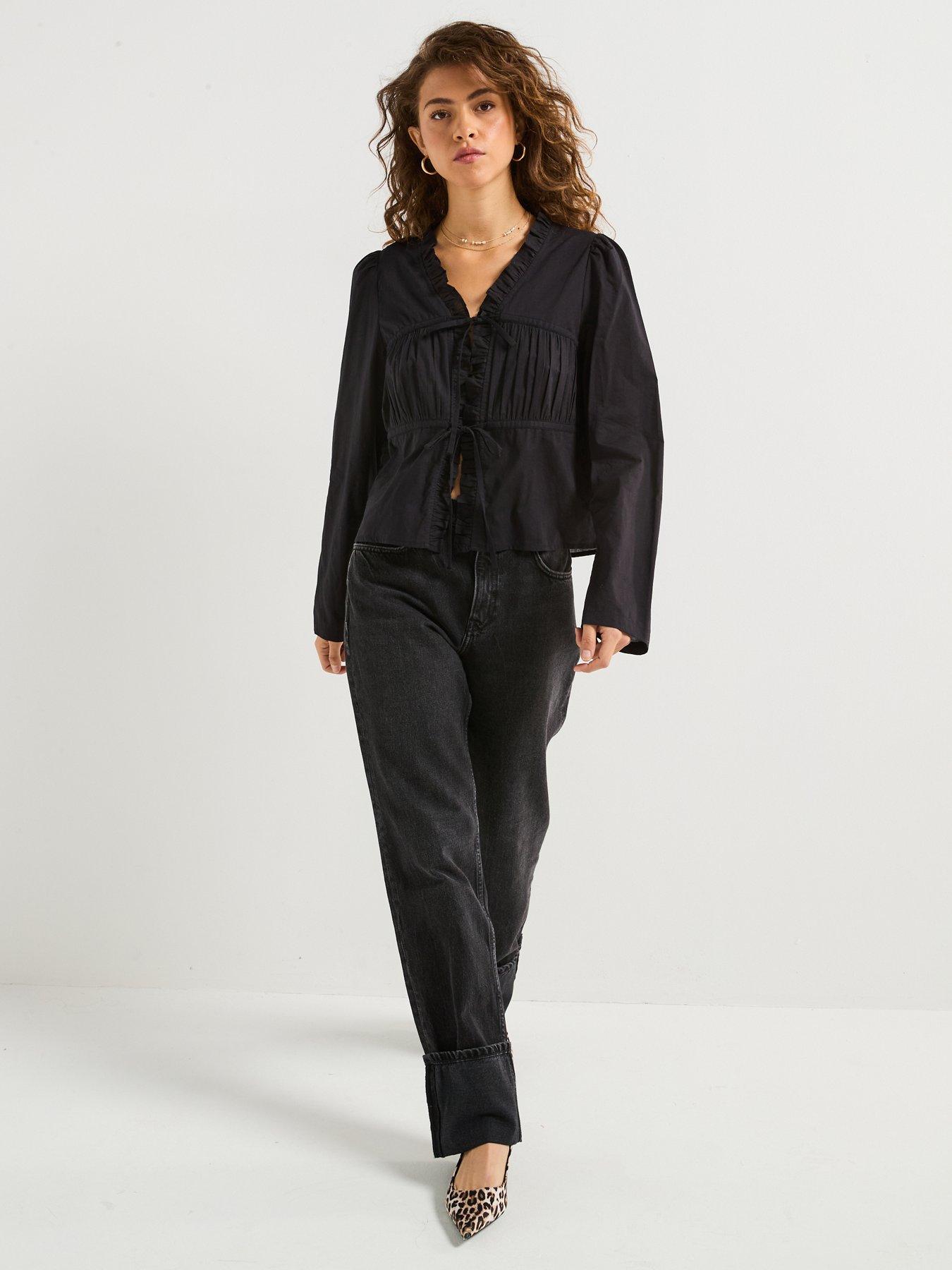 Image 3 of 6 of PIECES V Neck Frill Detail Blouse - Black