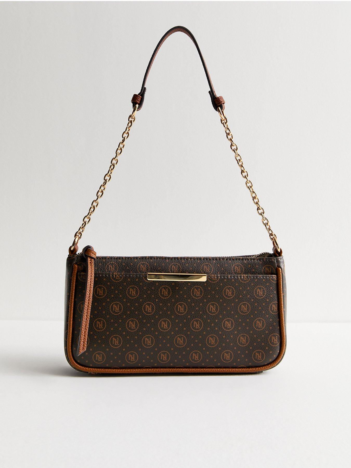 new-look-dark-brown-monogram-chain-strap-shoulder-bag