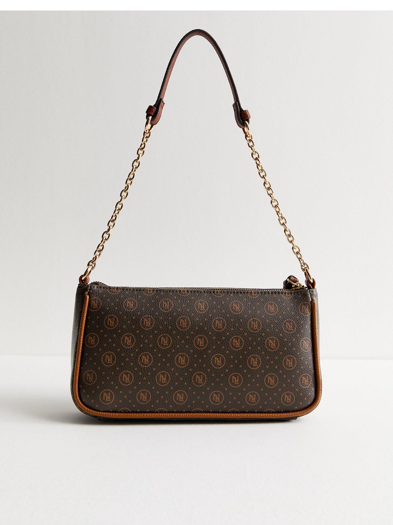 new-look-dark-brown-monogram-chain-strap-shoulder-bagback