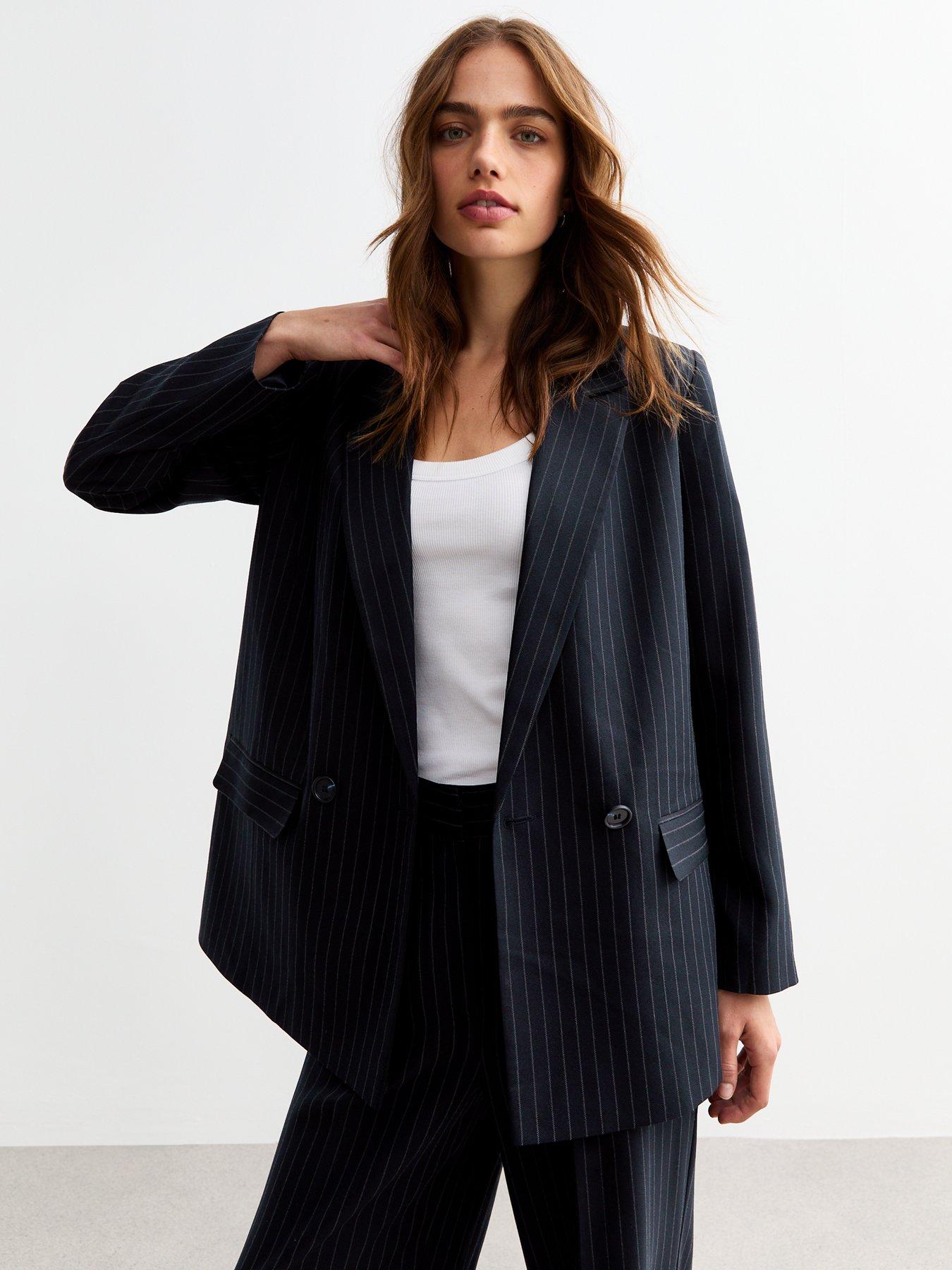 Image 1 of 5 of New Look Navy Oversized Pinstriped Twill Blazer - Print