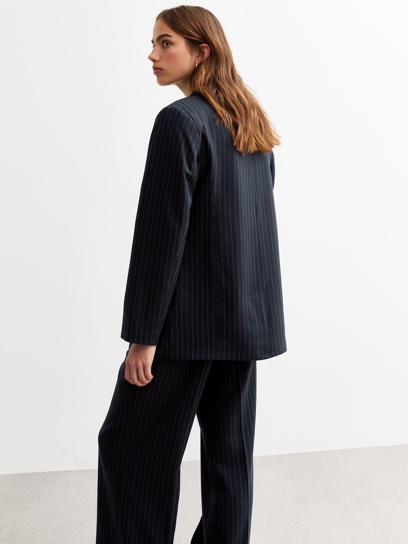 Image 2 of 5 of New Look Navy Oversized Pinstriped Twill Blazer - Print