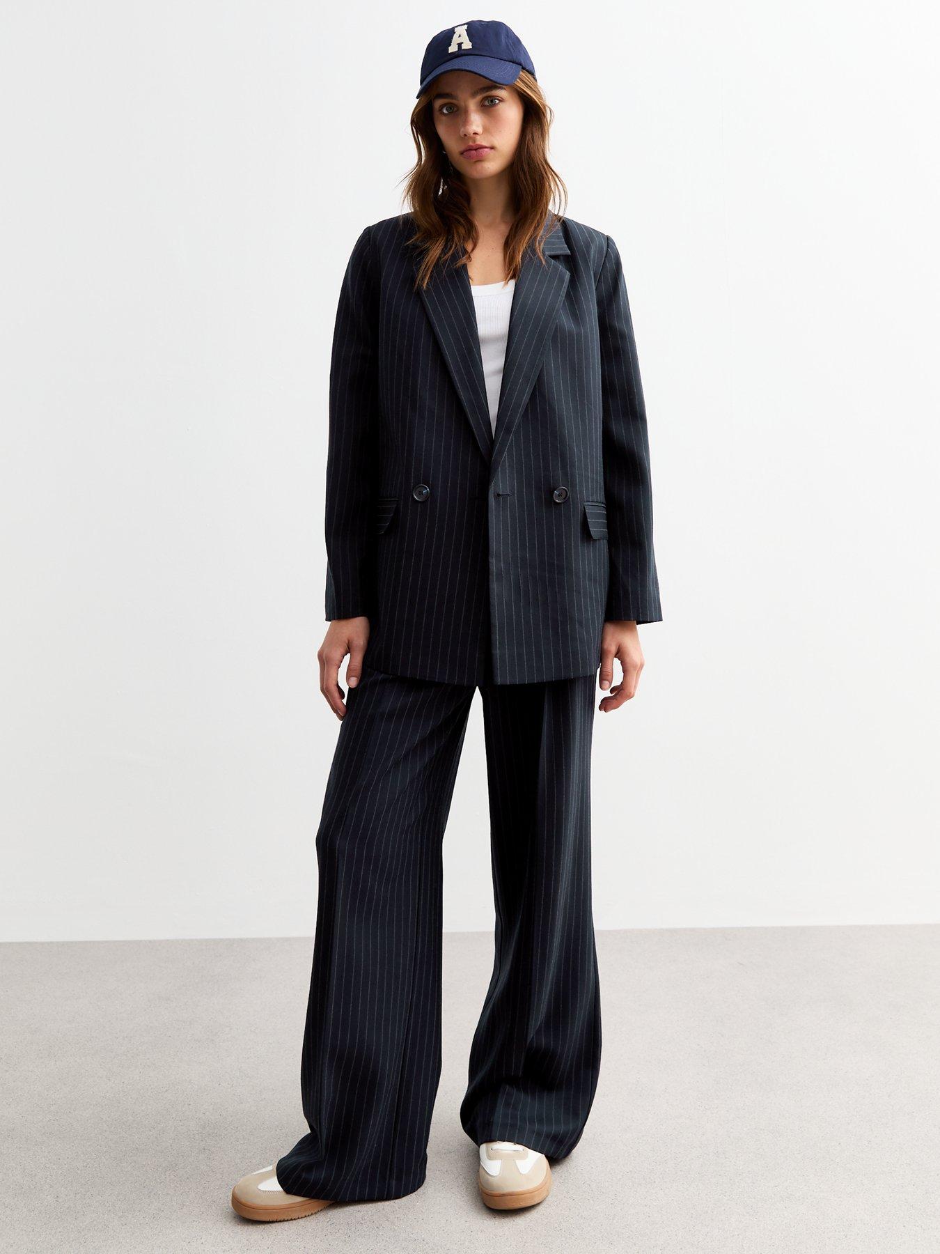 Image 3 of 5 of New Look Navy Oversized Pinstriped Twill Blazer - Print