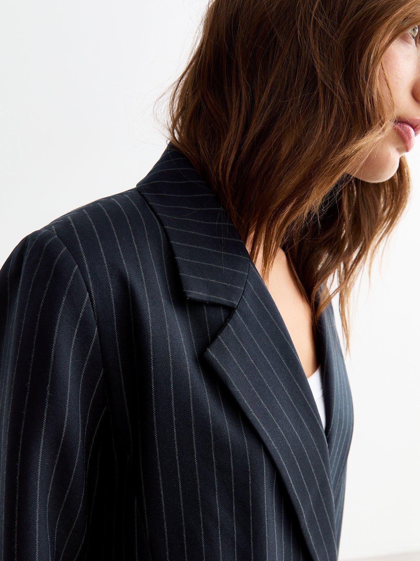 Image 4 of 5 of New Look Navy Oversized Pinstriped Twill Blazer - Print