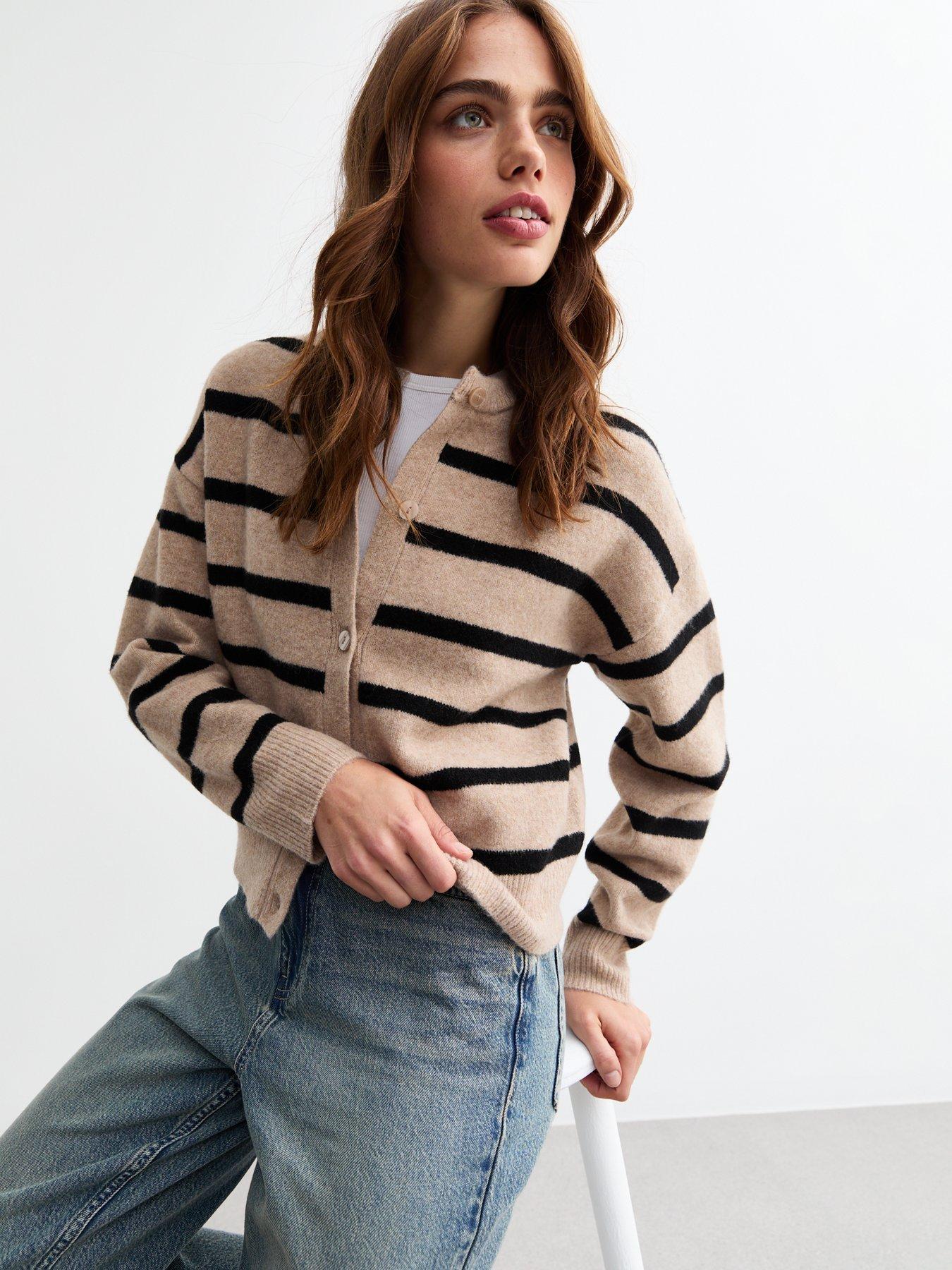 new-look-beige-fine-knit-striped-cardigan-print