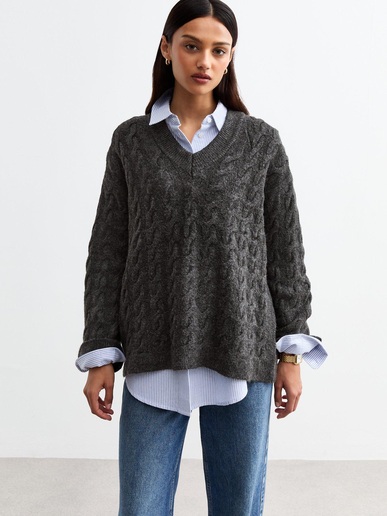 undefined V Neck Cable Knit Jumper - Dark Grey