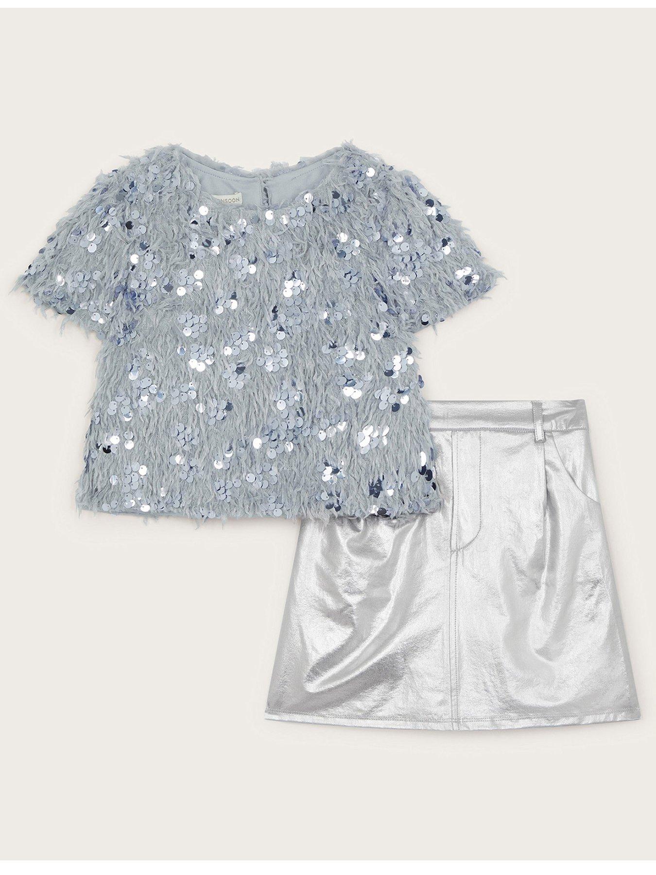 undefined Girls Sequin Feather Top Set - Silver