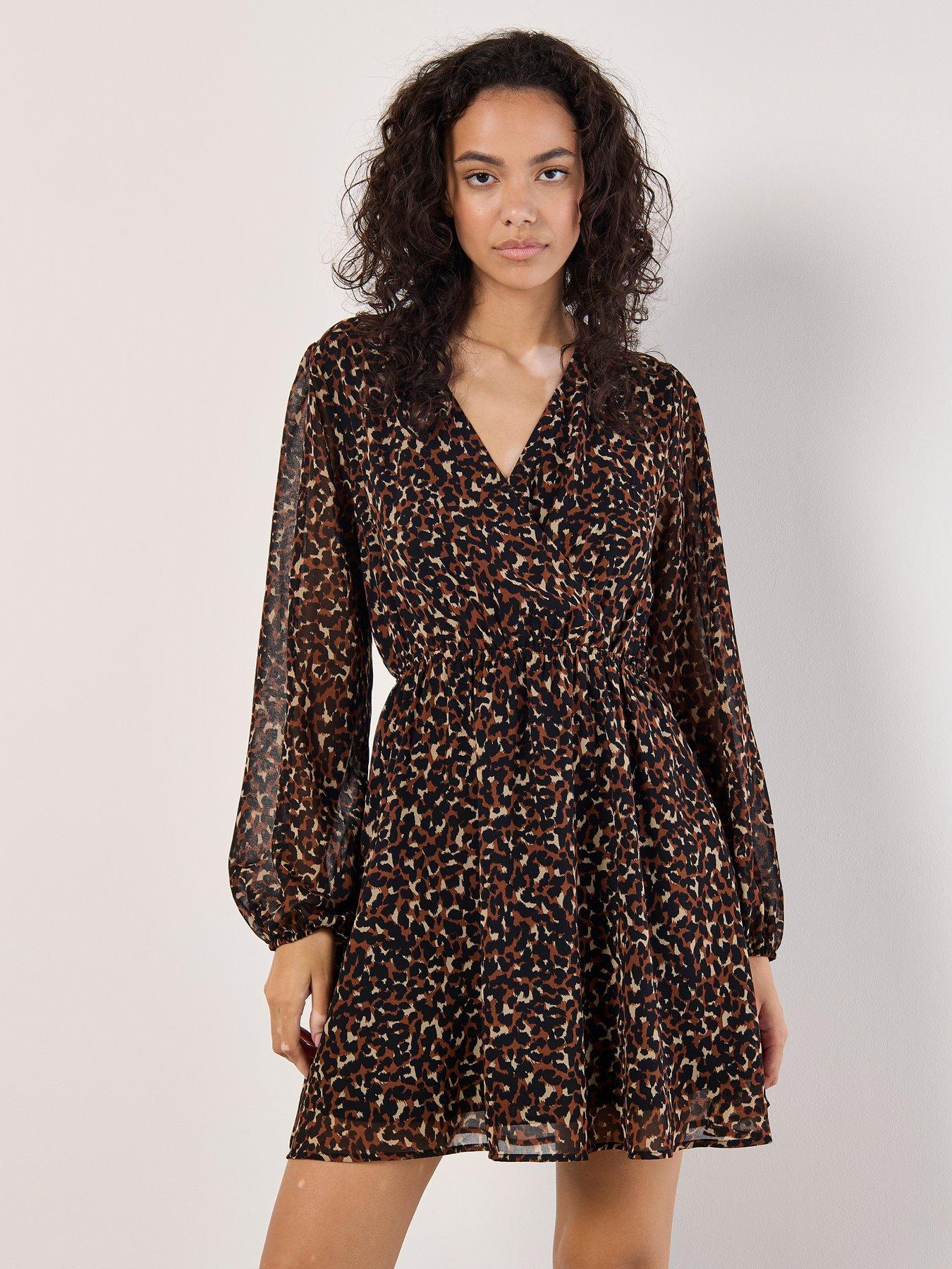 apricot-chiffon-animal-faux-wrap-dress