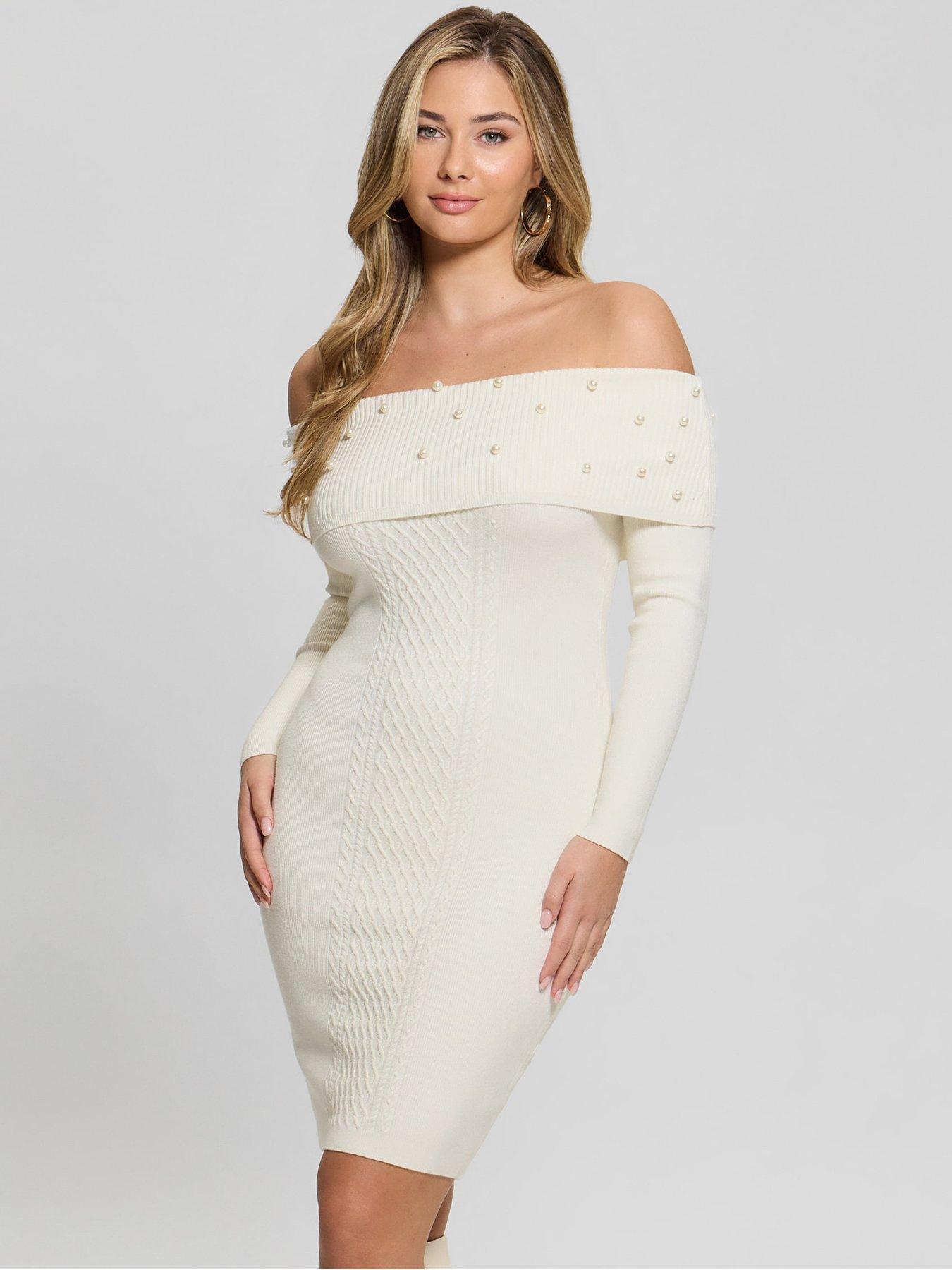 guess-long-sleeve-off-shoulder-bodycon-knit-dress-white