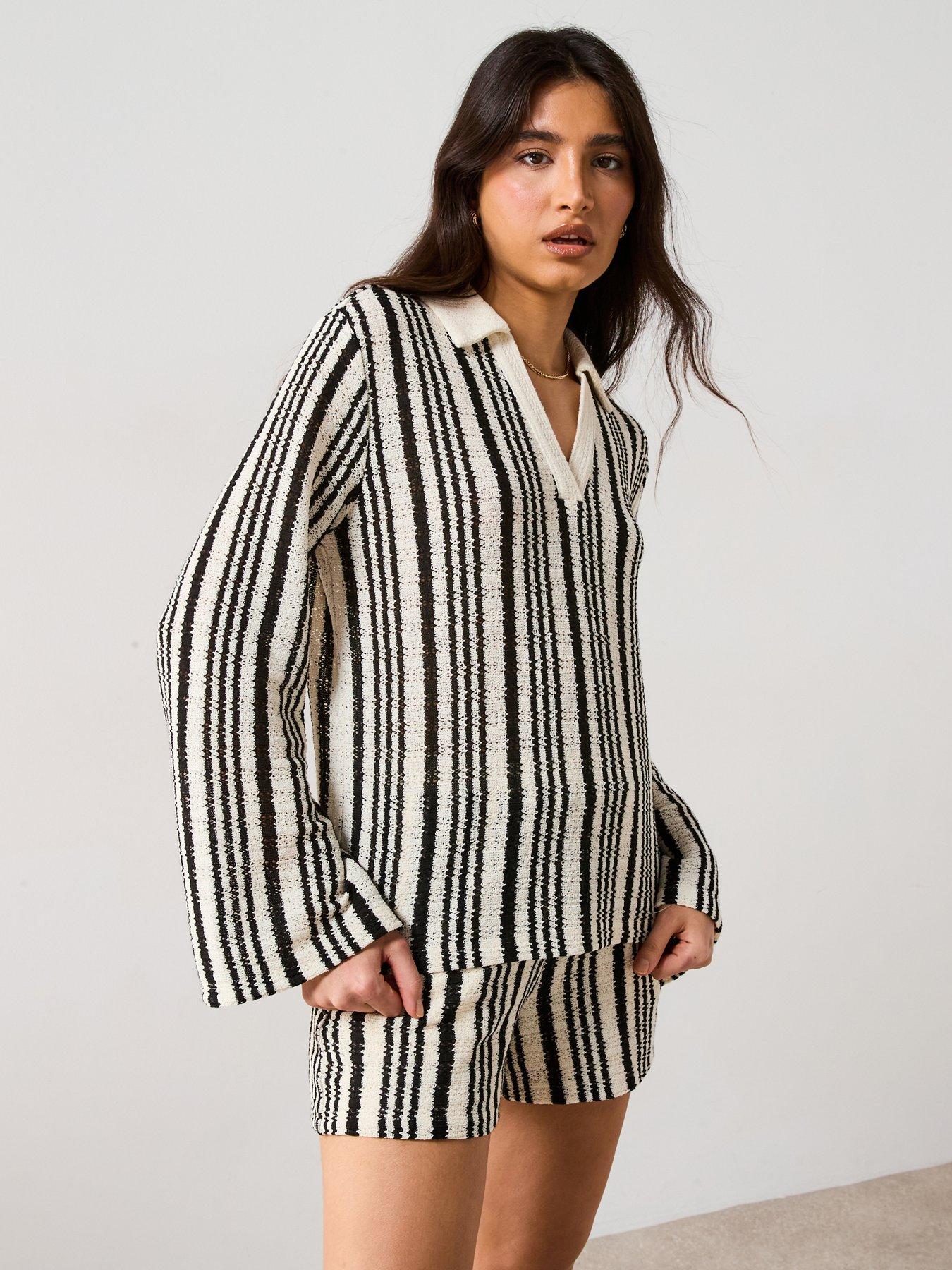 Image of V by Very Knit Stripe Long Sleeve Co-Ord Top - Monochrome