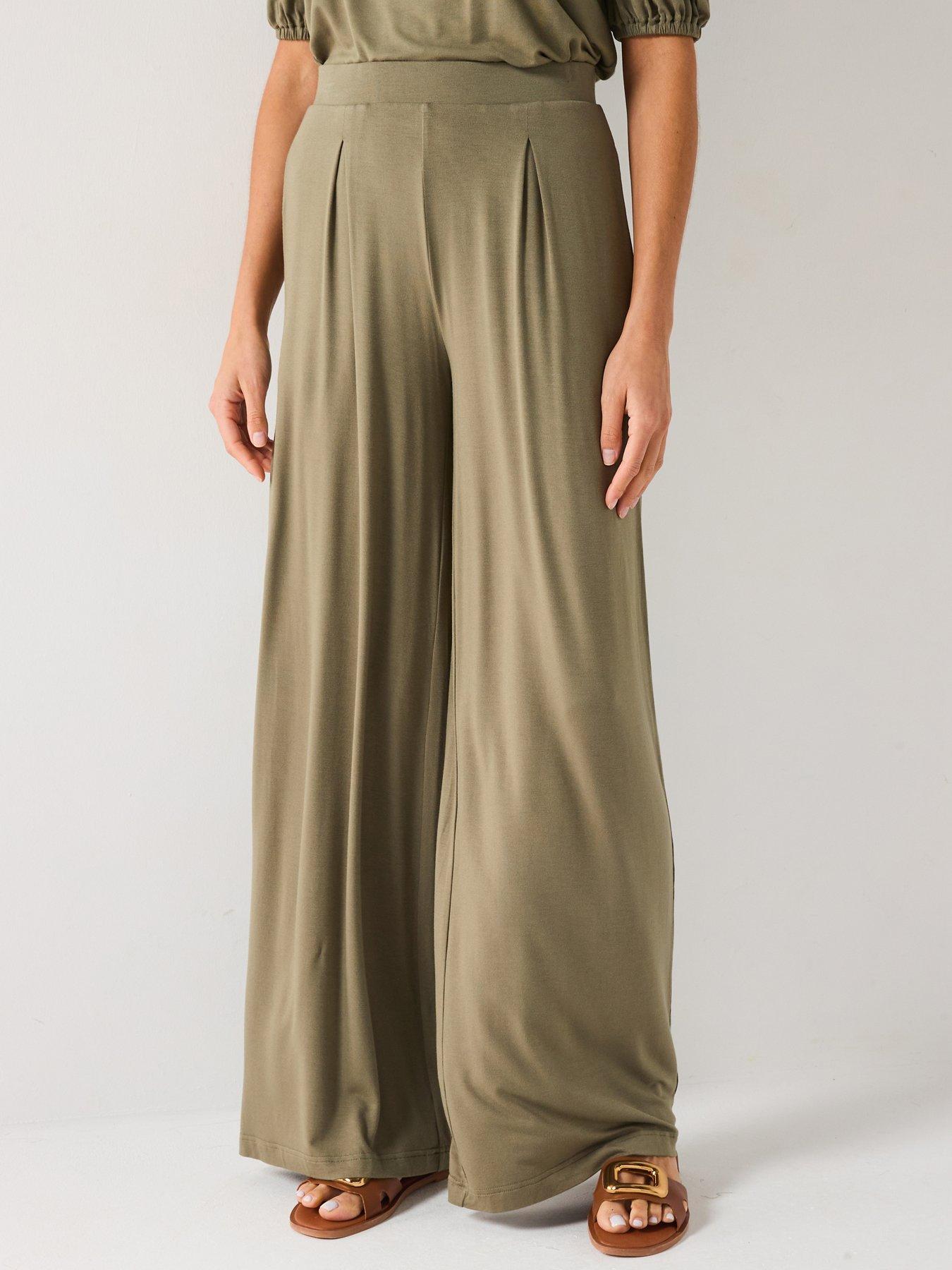Everyday High Waisted Wide Leg Trousers - Khaki Green