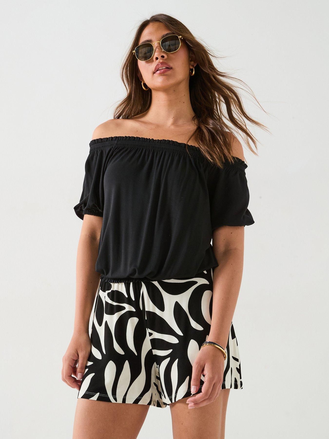 everyday-bardot-shirred-waist-top-black