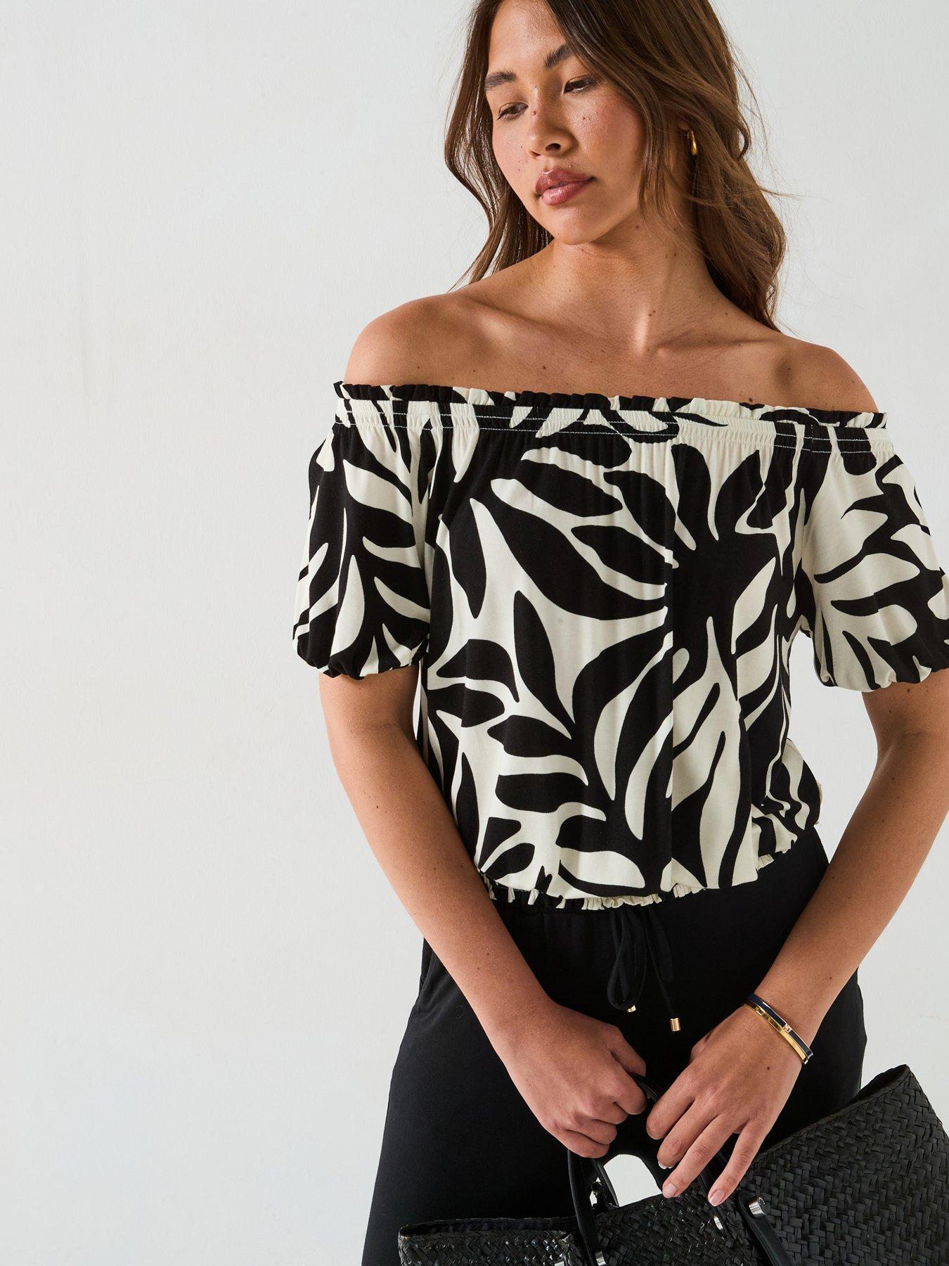 everyday-bardot-shirred-waist-top-mono-palm-print