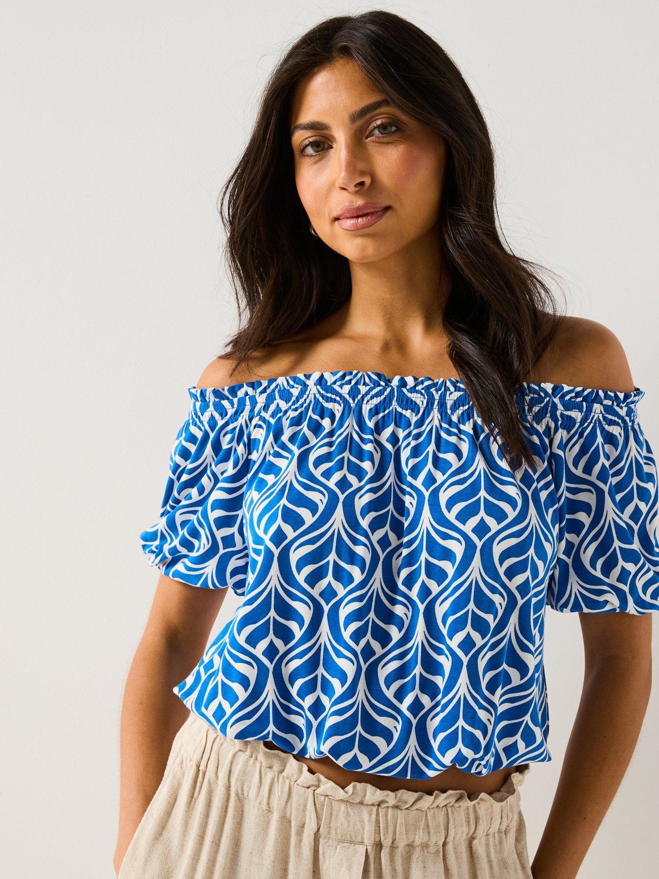 Image of Everyday Bardot Shirred Waist Top - Blue Leaf