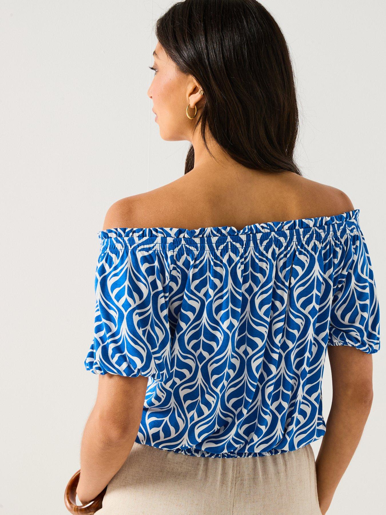 everyday-bardot-shirred-waist-top-blue-leafstillFront