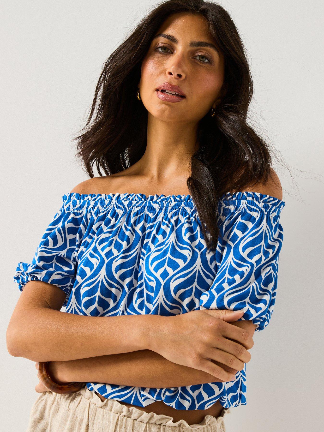 everyday-bardot-shirred-waist-top-blue-leafdetail