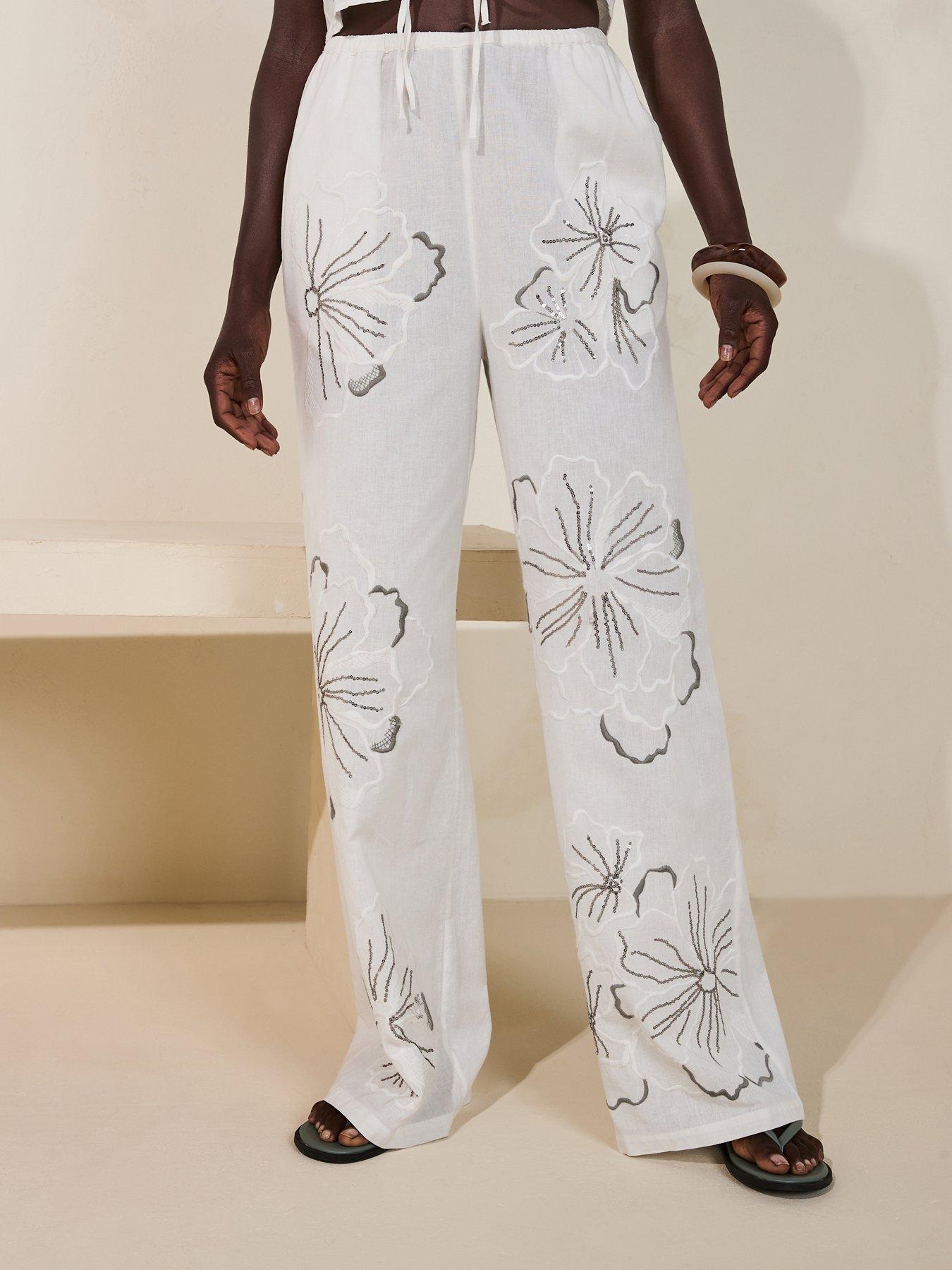 V by Very Embroidered Wide Leg Trouser Co-Ord - White