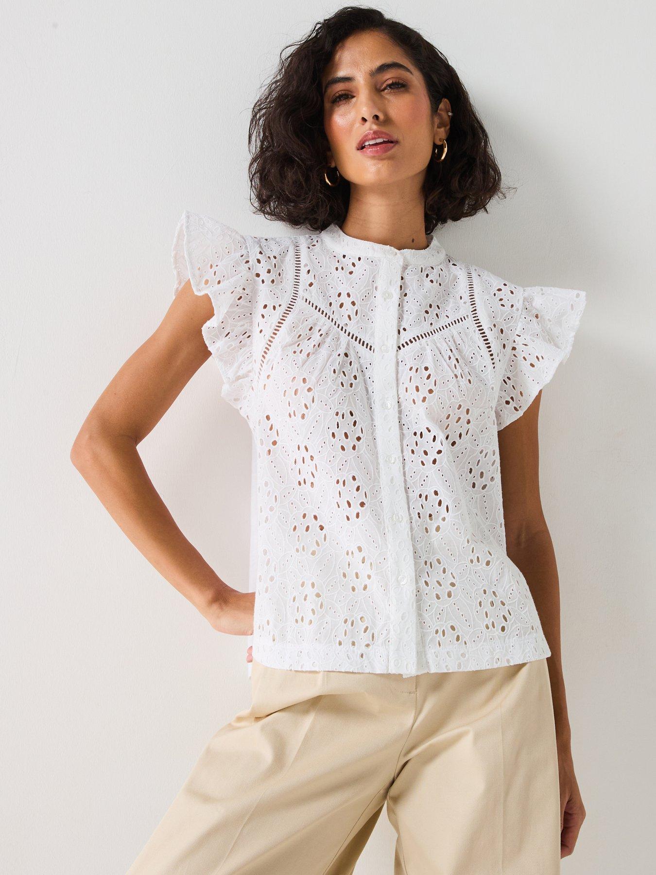 V by Very Broderie Front Button Up Top - White