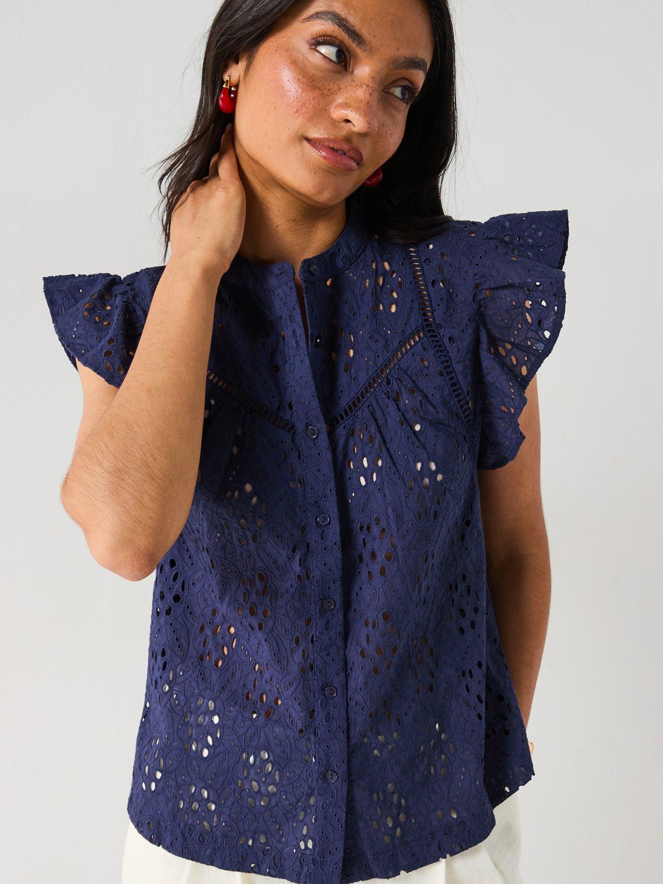 V by Very Broderie Front Button Up Top - Blue
