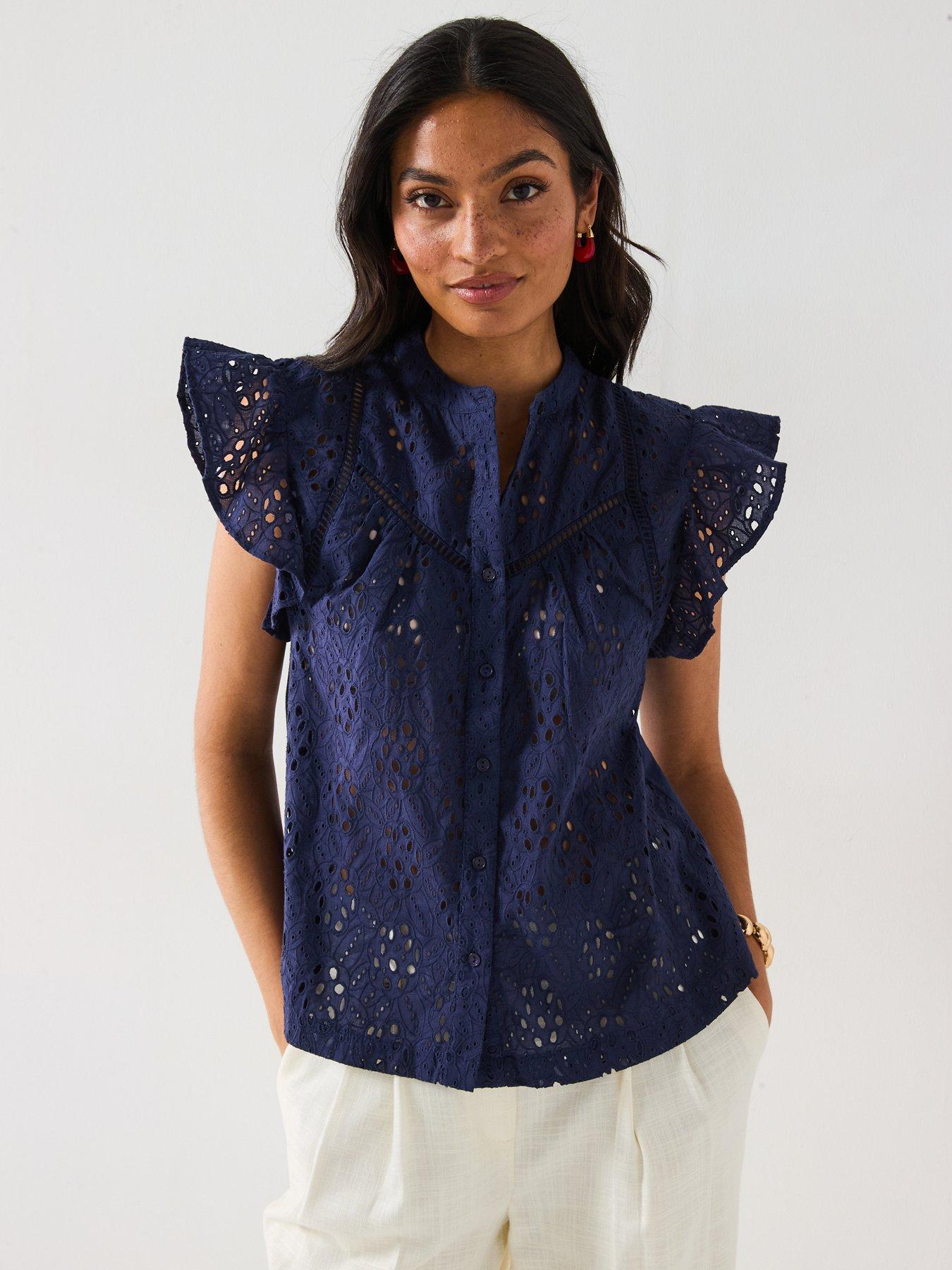 Image 6 of 6 of V by Very Broderie Front Button Up Top - Blue