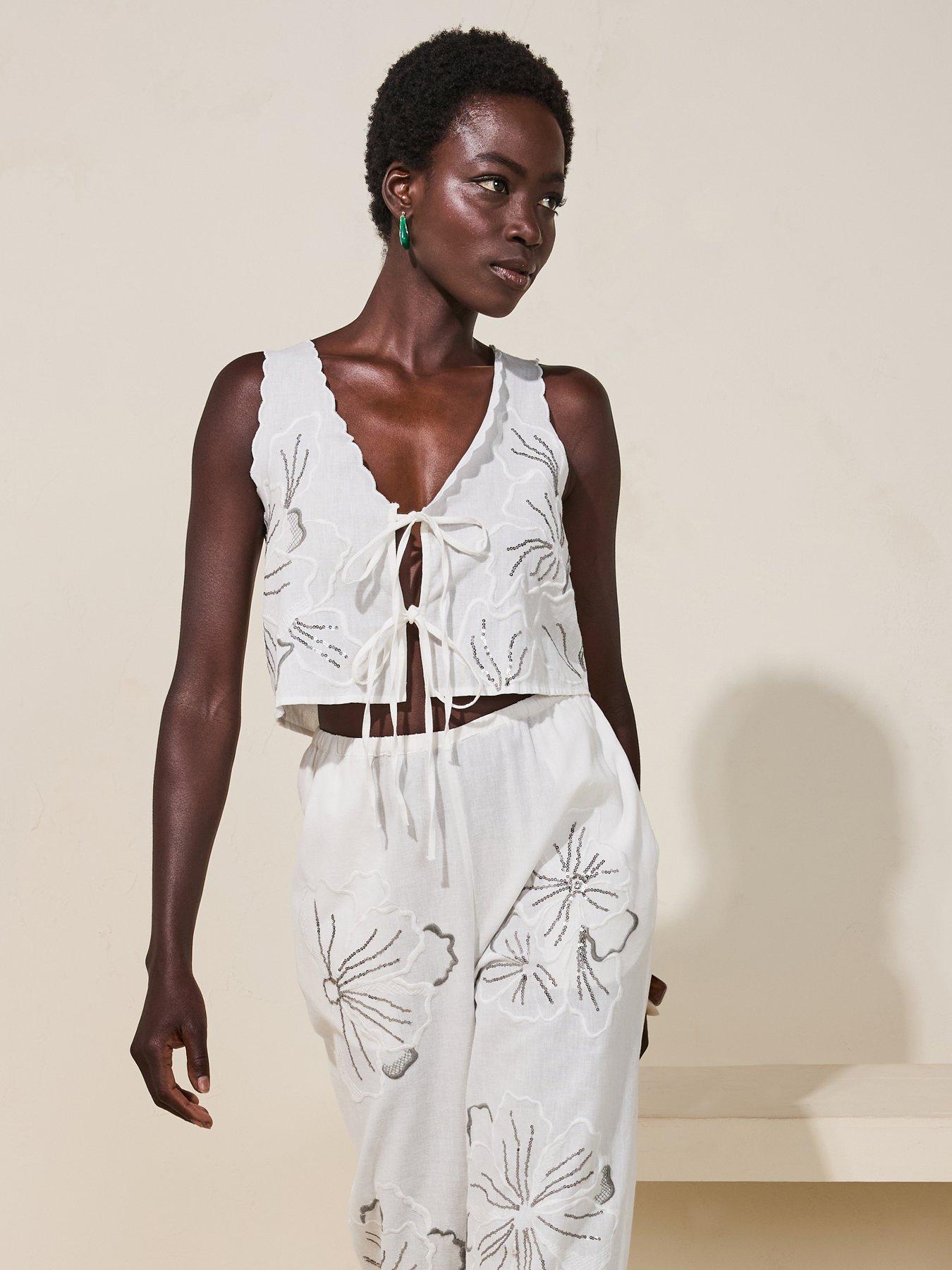 Image 6 of 6 of V by Very Embroidered Tie Front Co-Ord - White