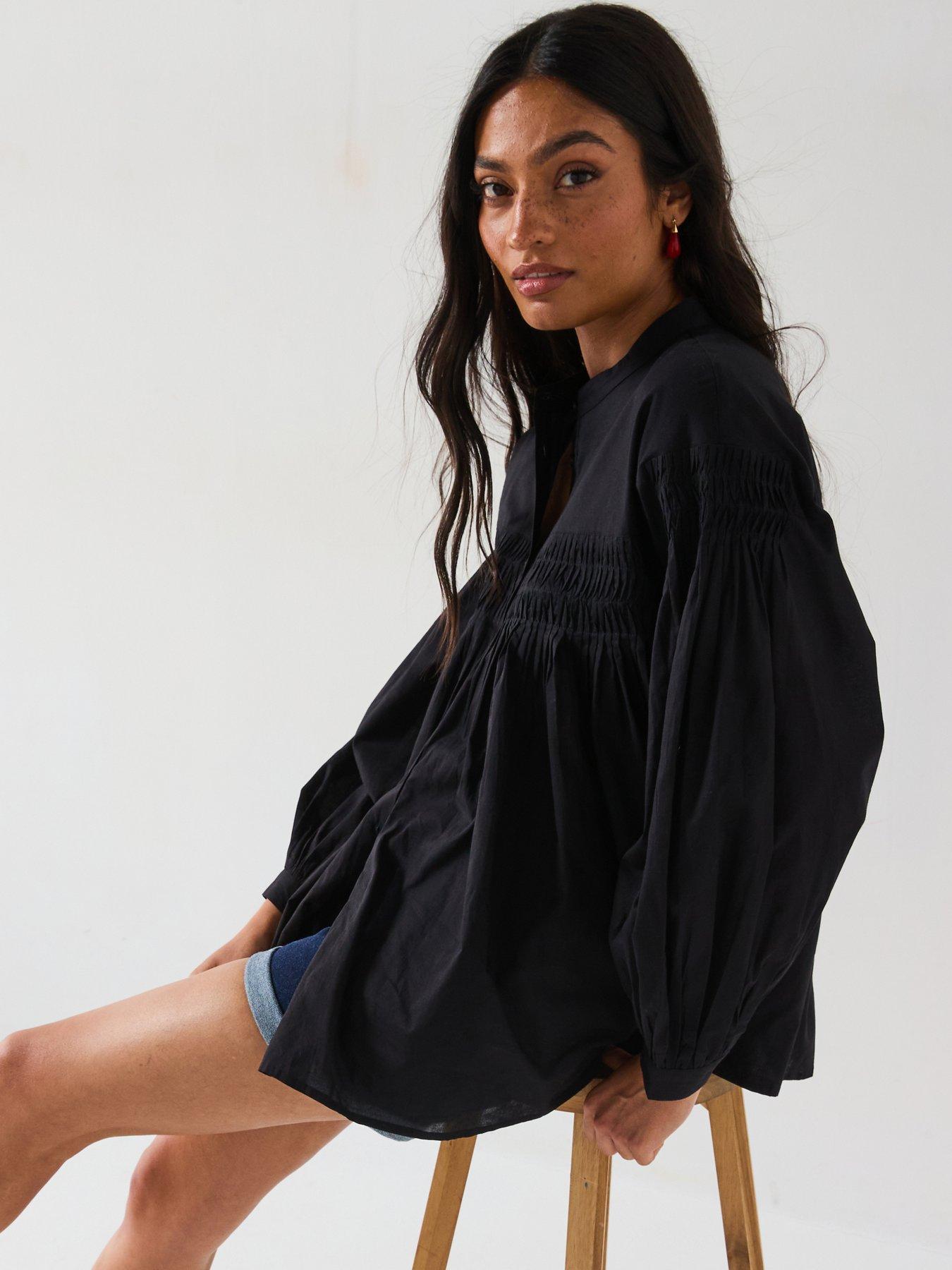 V by Very Cotton Button Through Blouse - Black