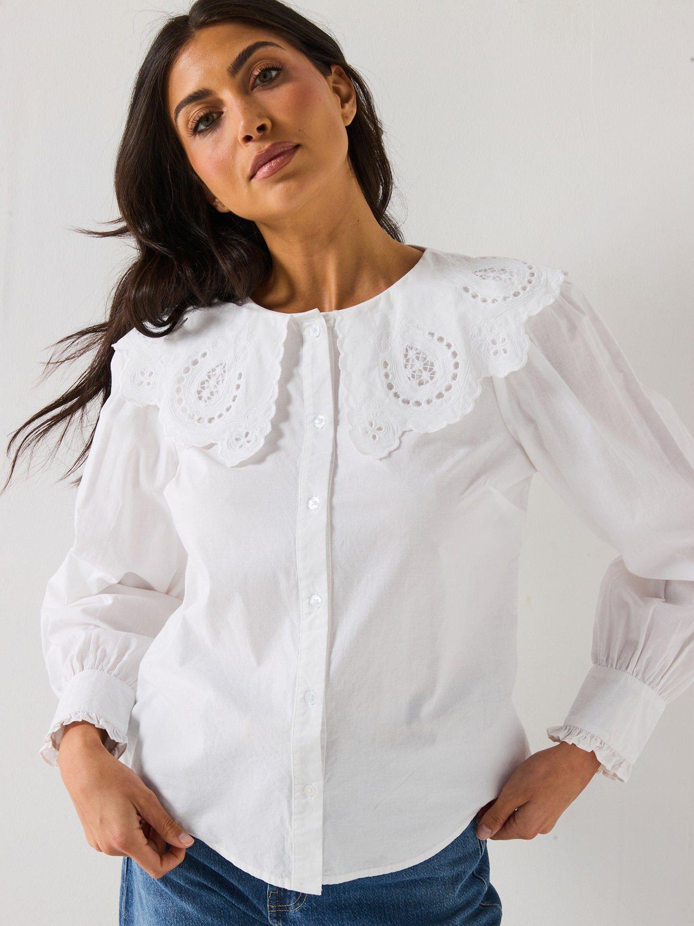 Image 4 of 6 of V by Very Broderie Collar Blouse - White