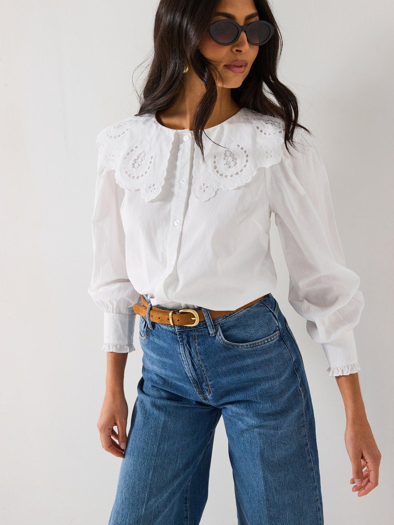 Image 6 of 6 of V by Very Broderie Collar Blouse - White