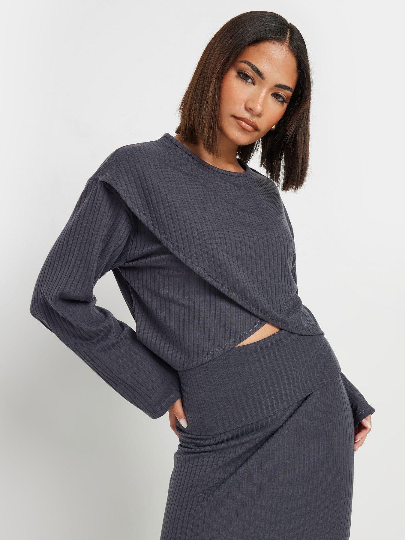 PixieGirl Petite Rib Cross Over Top - Grey