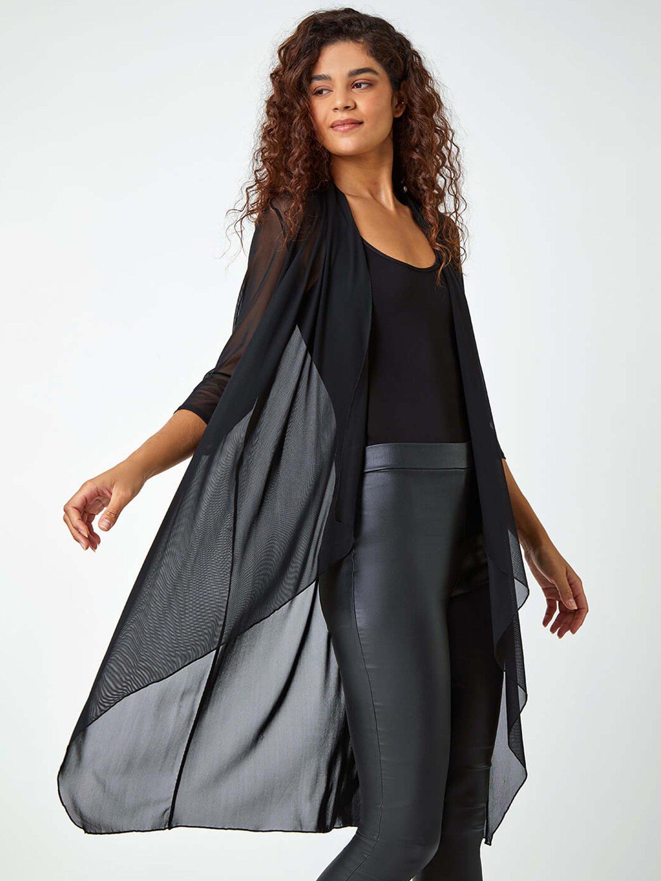 Roman 3/4 Sleeve Mesh Longline Kimono - Black