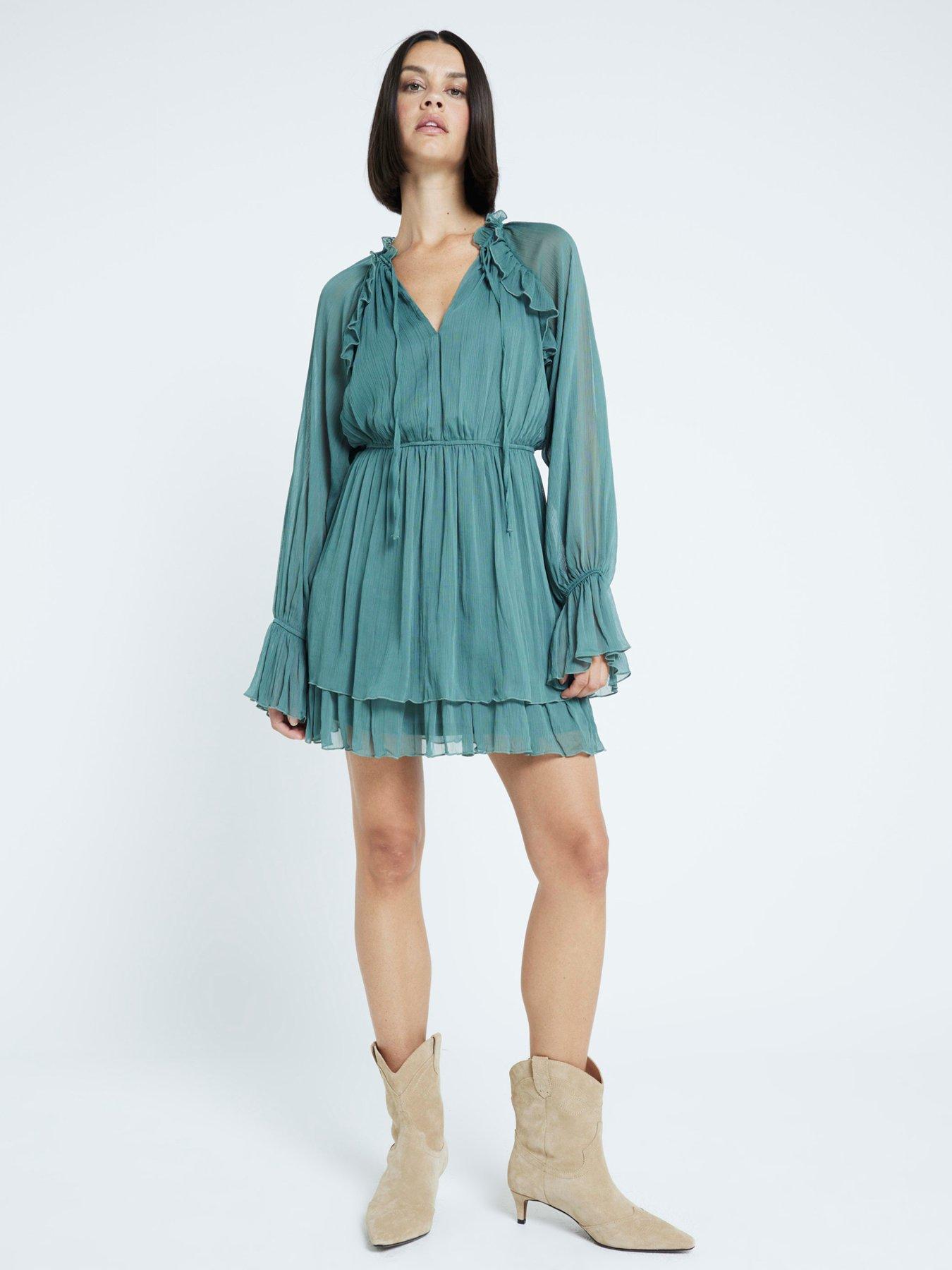 river-island-elasticated-sleeve-ruffle-mini-dress-greenback