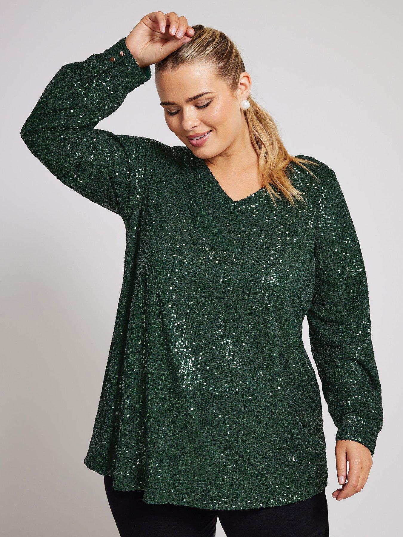 yours-curve-sequin-v-neck-long-sleeve-top-green