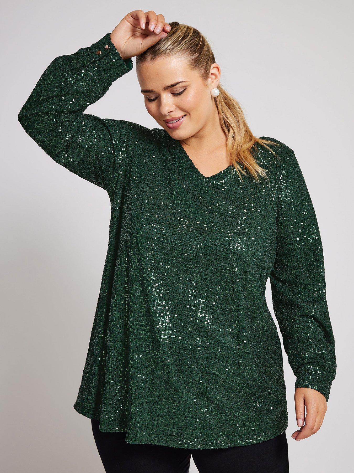 Yours Curve Sequin V Neck Long Sleeve Top - Green