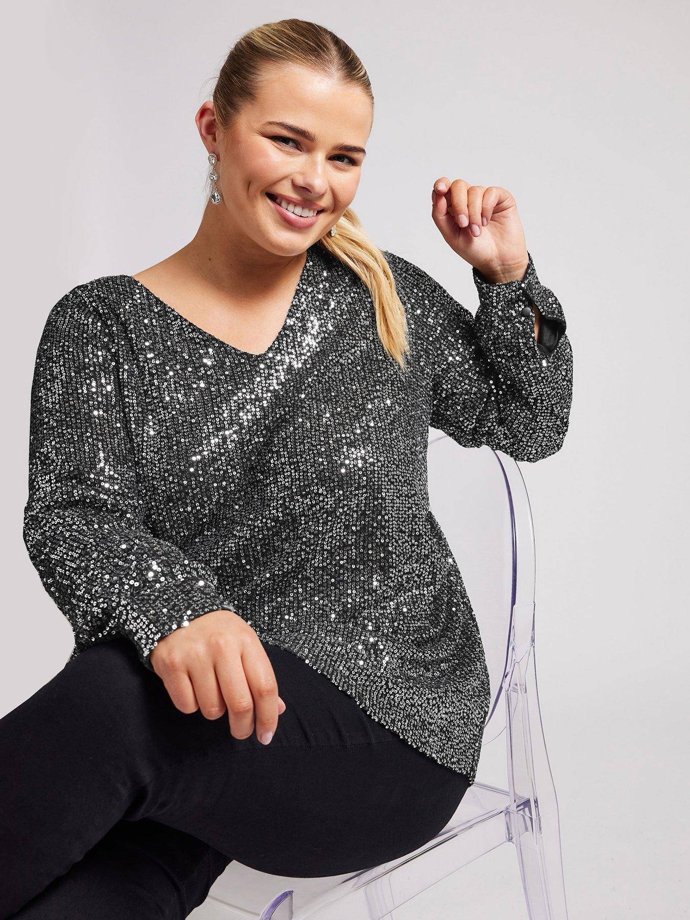 Yours Curve Sequin V Neck Long Sleeve Top - Silver