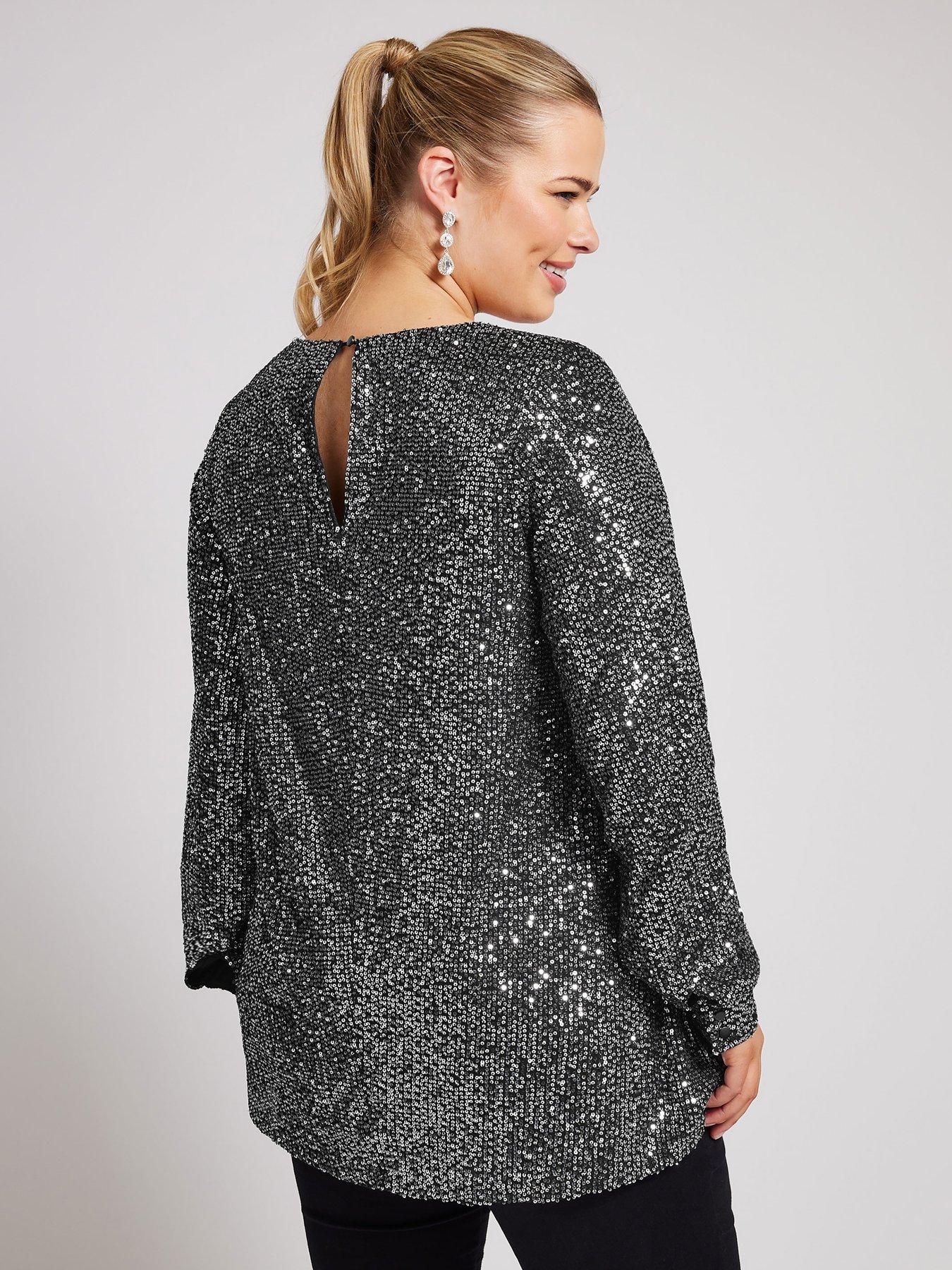 yours-curve-sequin-v-neck-long-sleeve-top-silverstillFront