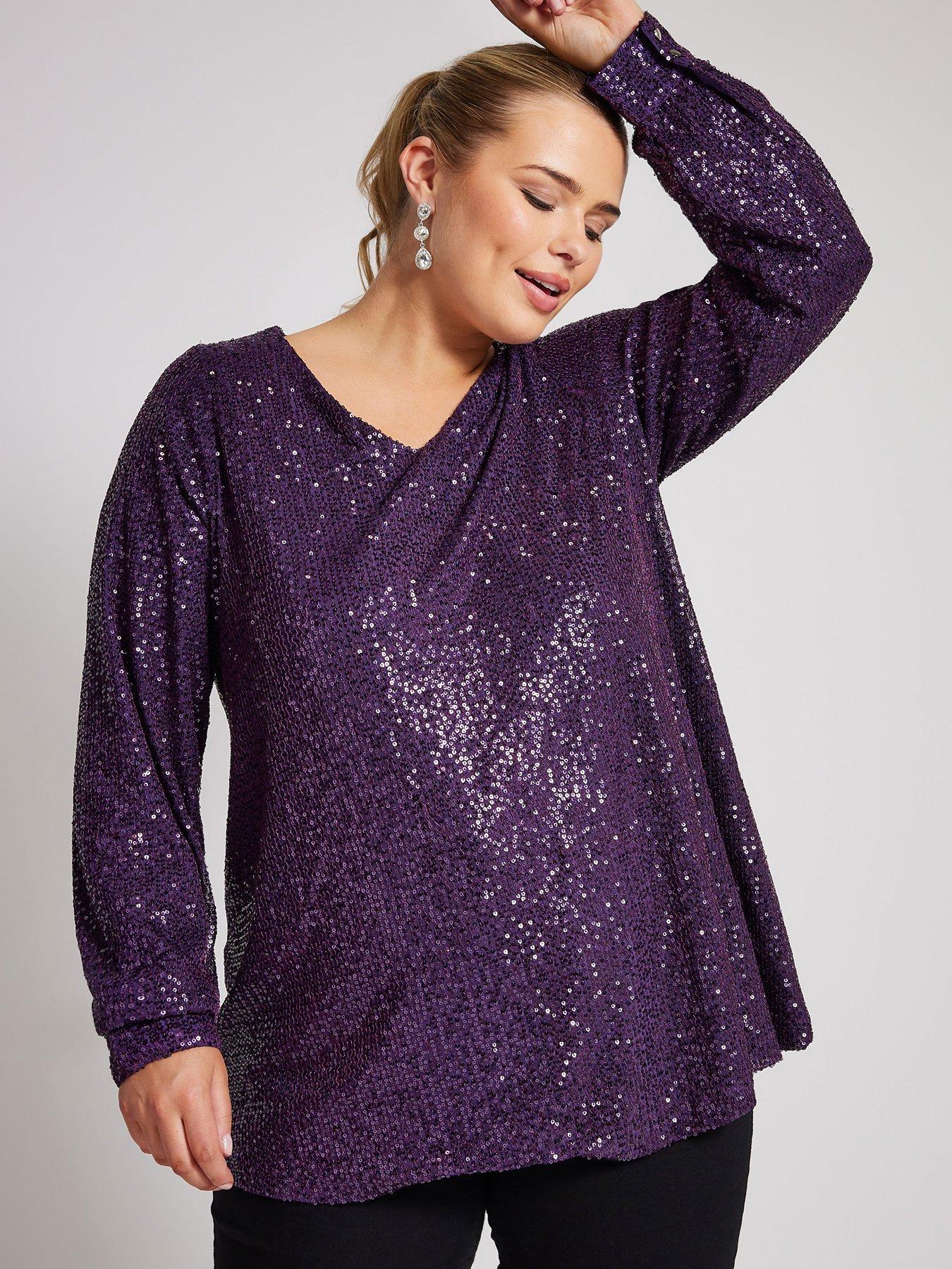 Yours Curve Sequin V Neck Long Sleeve Top - Purple