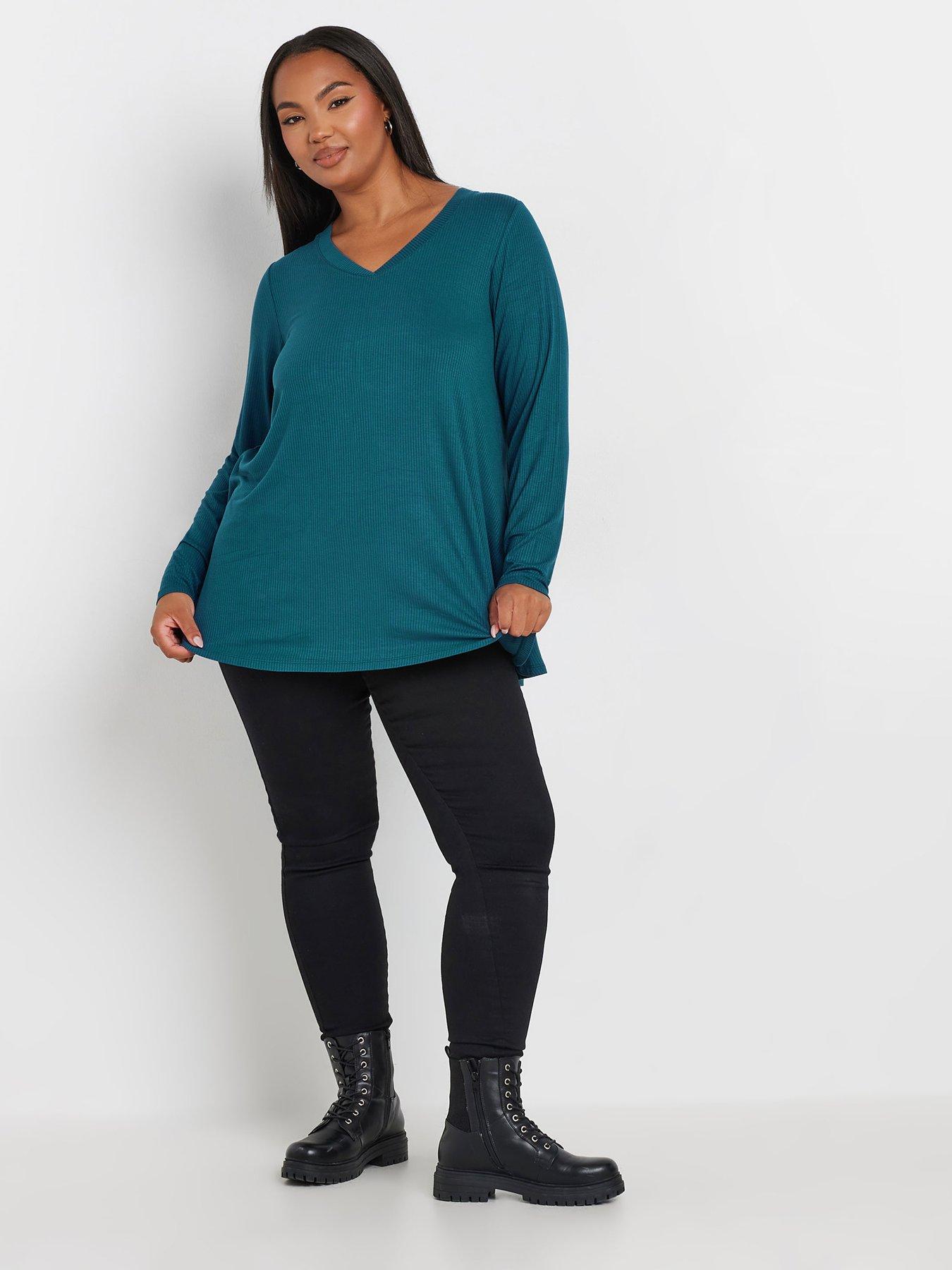 yours-curve-rib-elevated-long-sleeve-top-bluestillFront