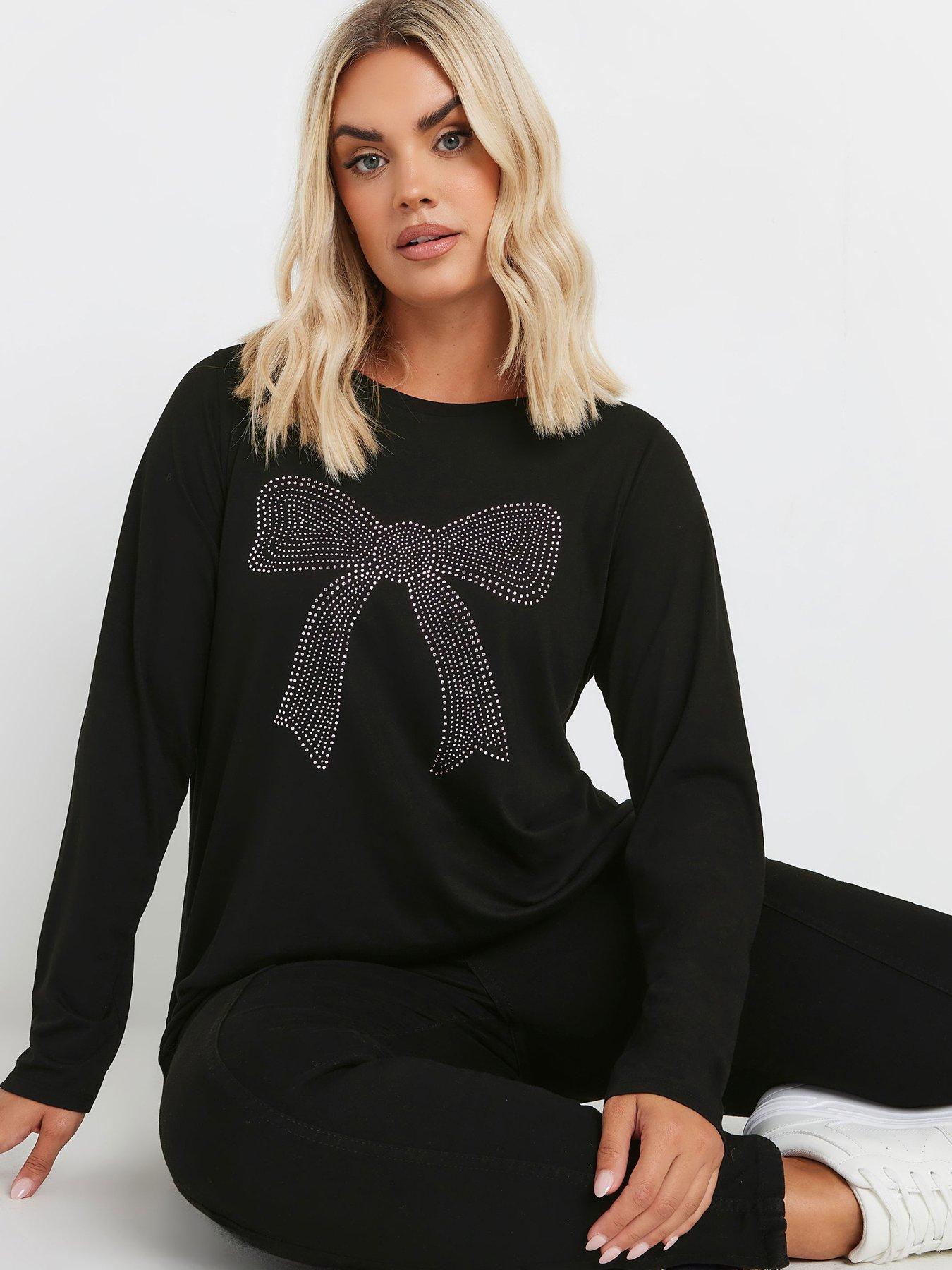 yours-curve-diamante-bow-long-sleeve-topoutfit