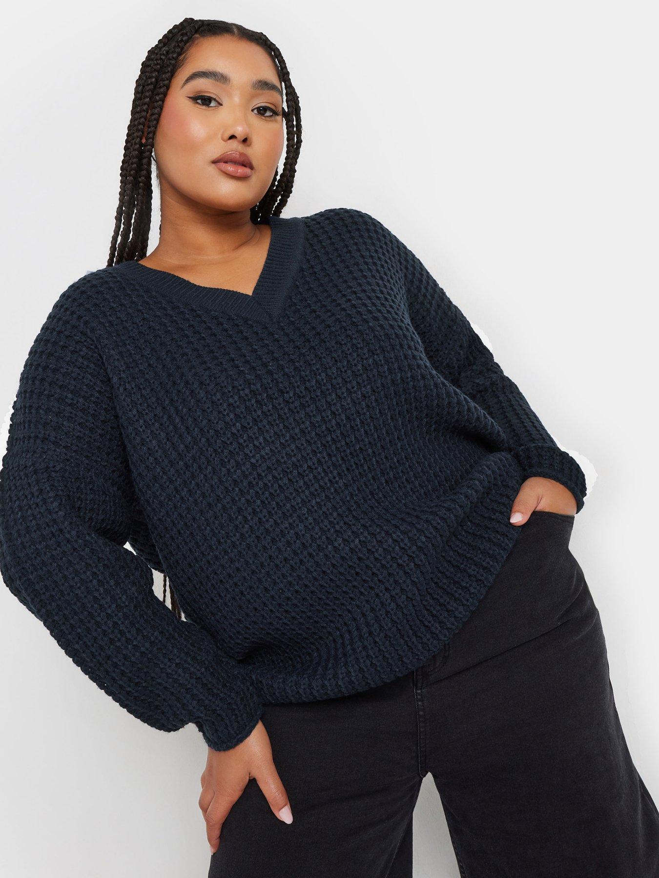 yours-curve-v-neck-waffle-jumper-bluefront