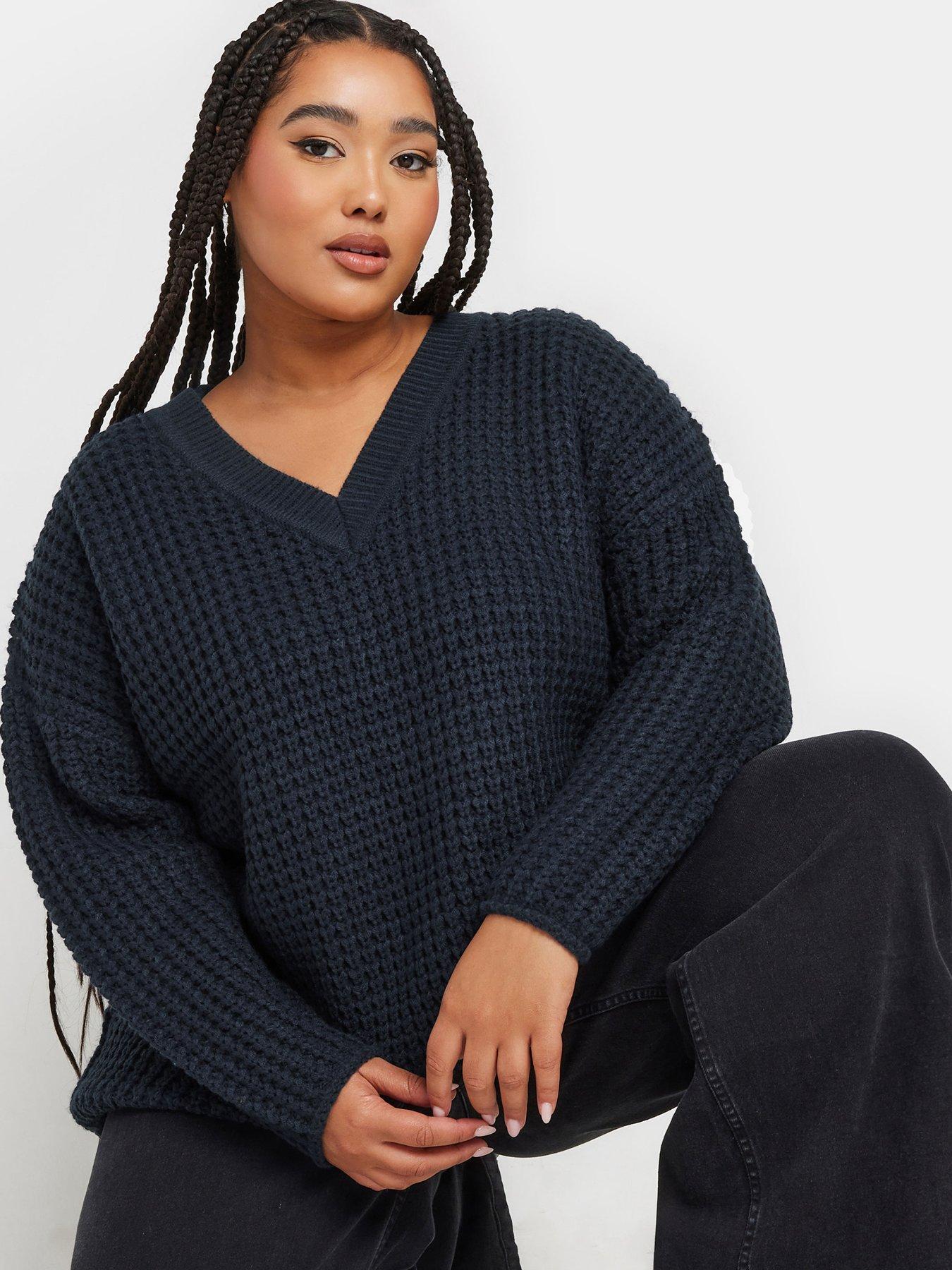 yours-curve-v-neck-waffle-jumper-blueoutfit