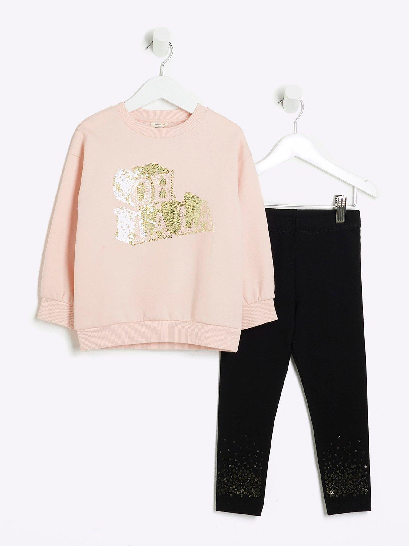 Image 1 of 4 of River Island Mini Mini Girls Oh La La Sweatshirt Set - Pink