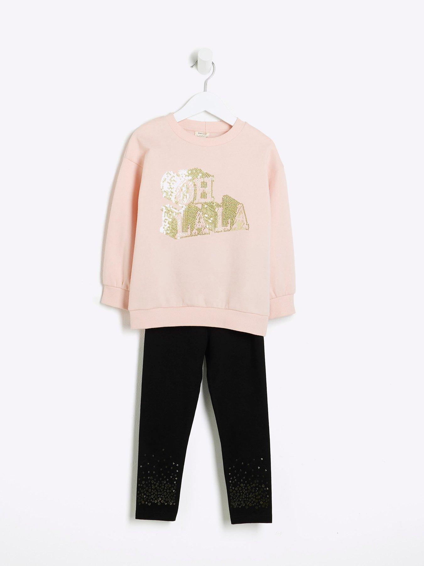 Image 2 of 4 of River Island Mini Mini Girls Oh La La Sweatshirt Set - Pink