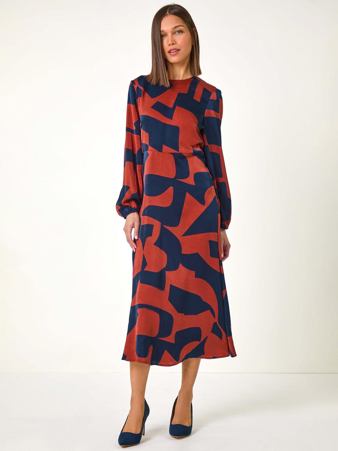 Roman Geometric Colour Block Print Midi Dress - Rust