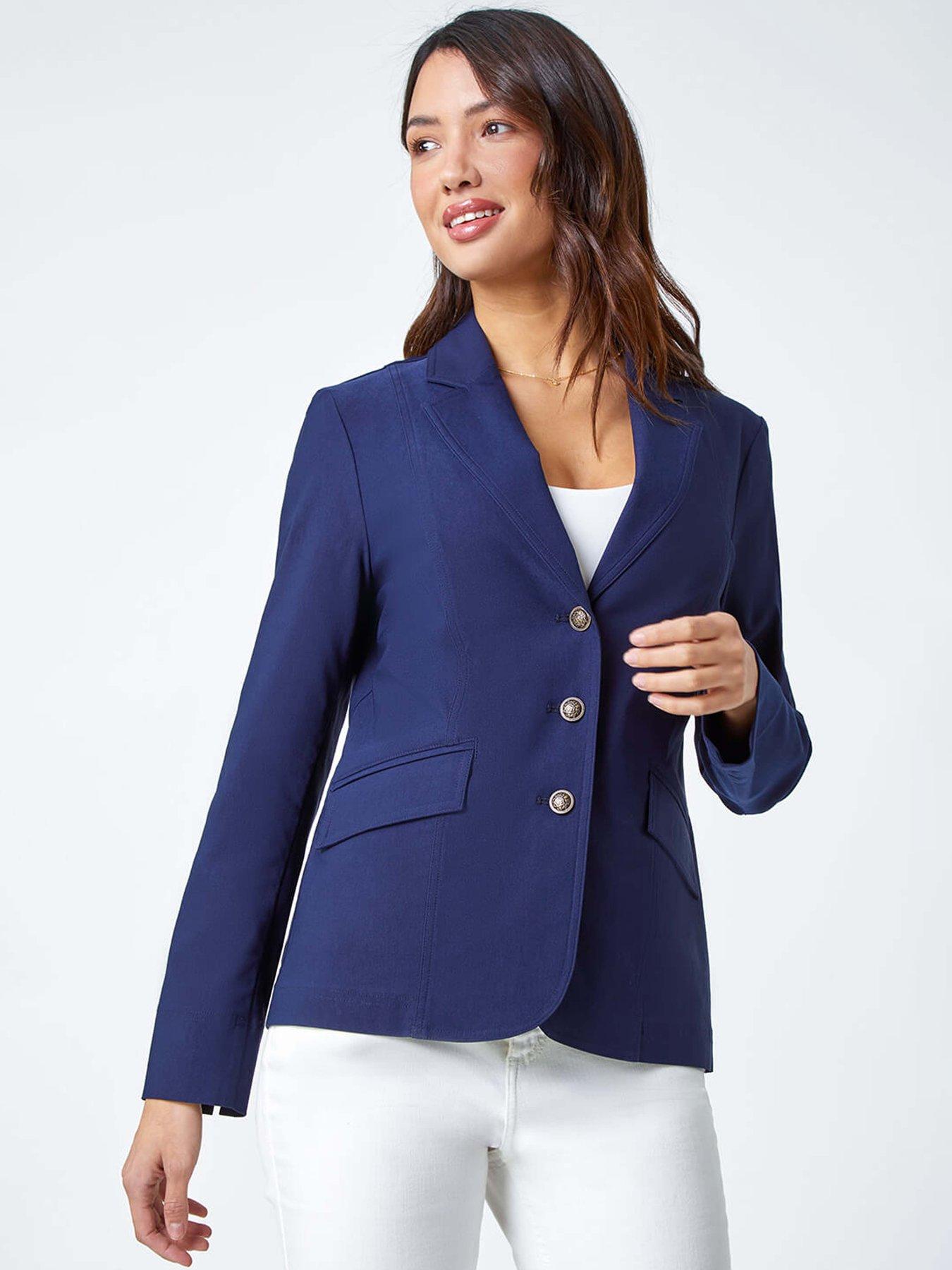 Roman Button Detail Stretch Blazer - Navy