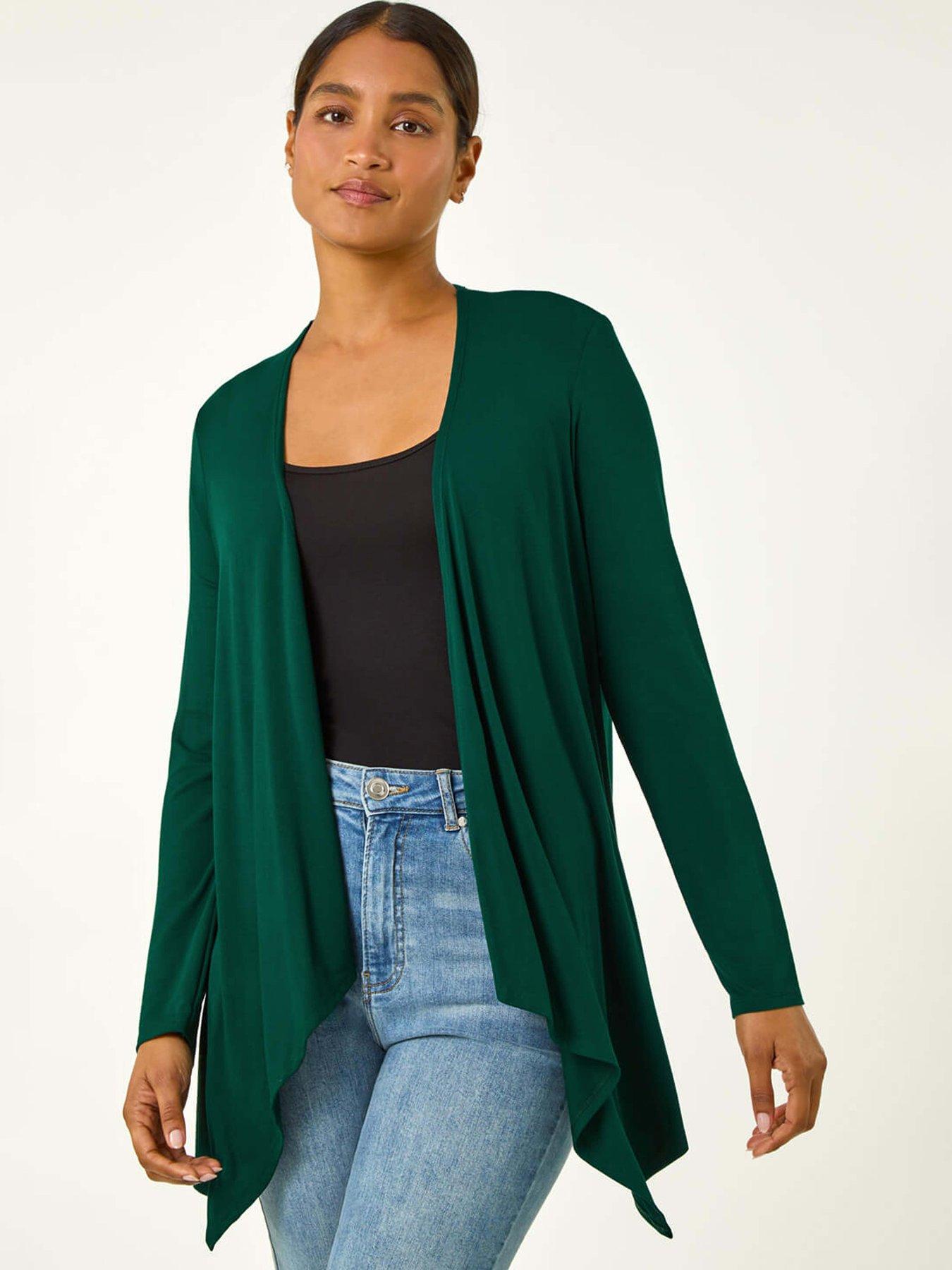 Roman Waterfall Front Jersey Knit Cardigan - Forest - Green