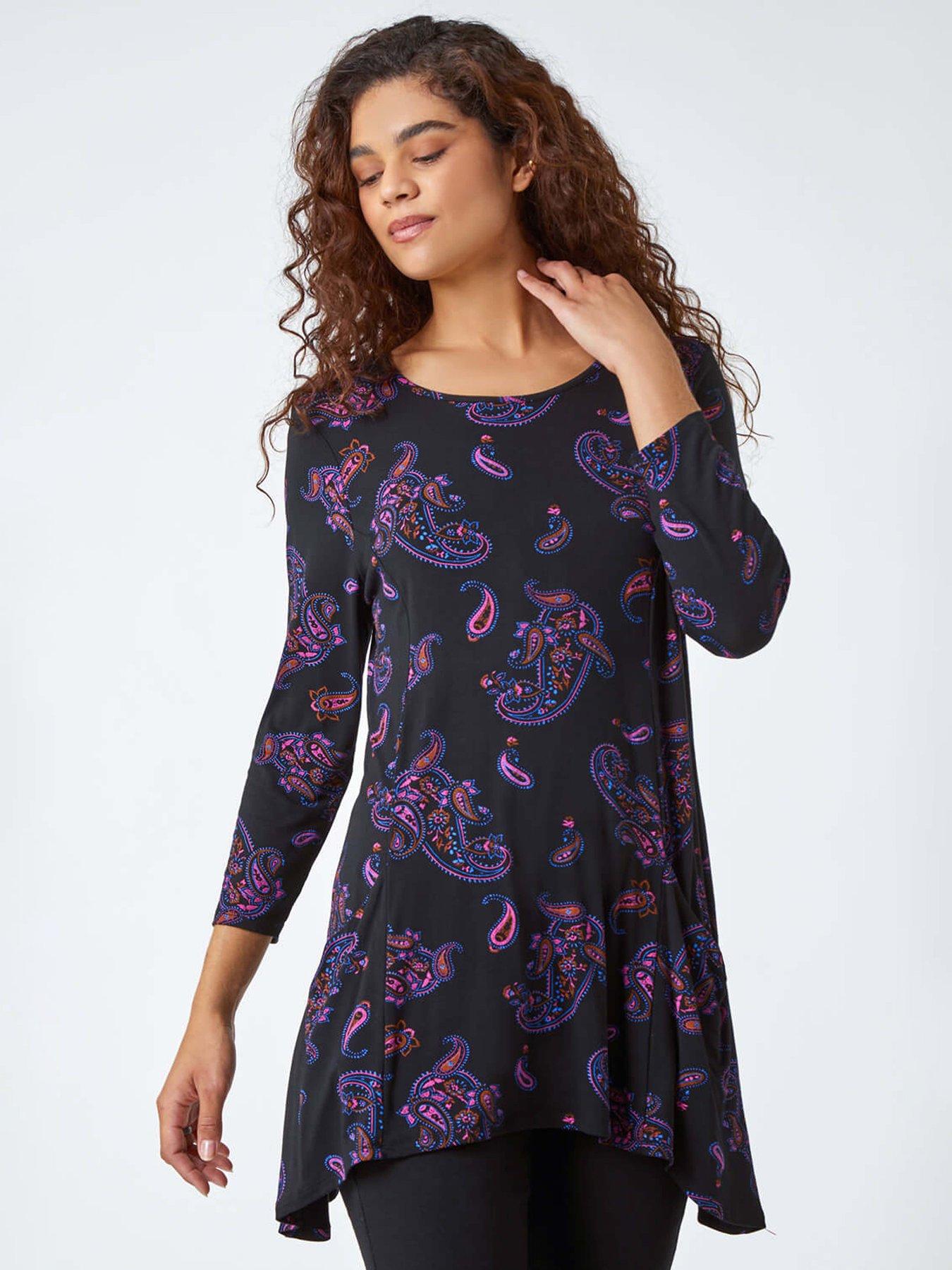 Roman Paisley Pocket Detail Stretch Tunic Swing Top - Purple