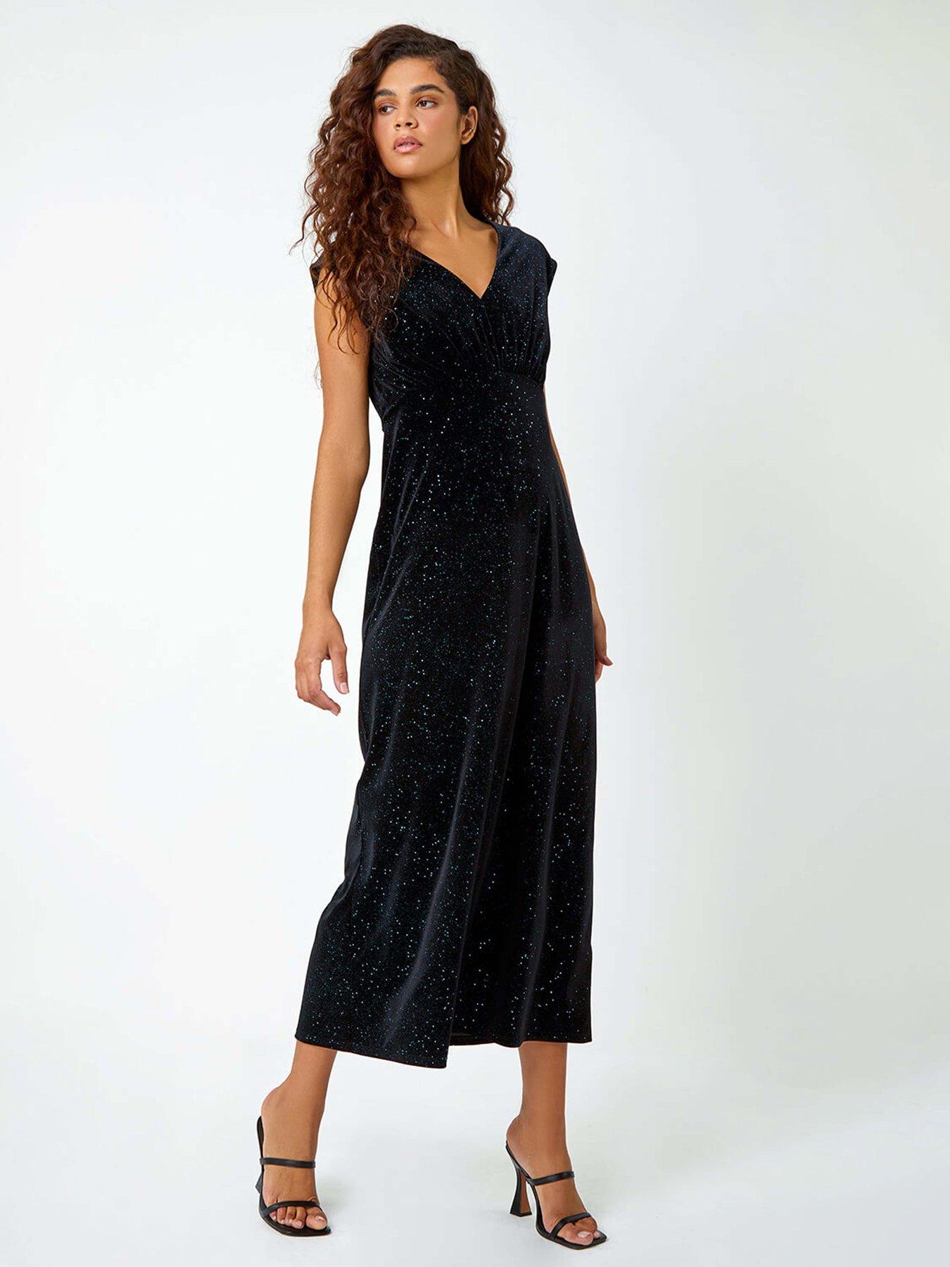 Roman Glitter Velvet Maxi Stretch Dress - Teal