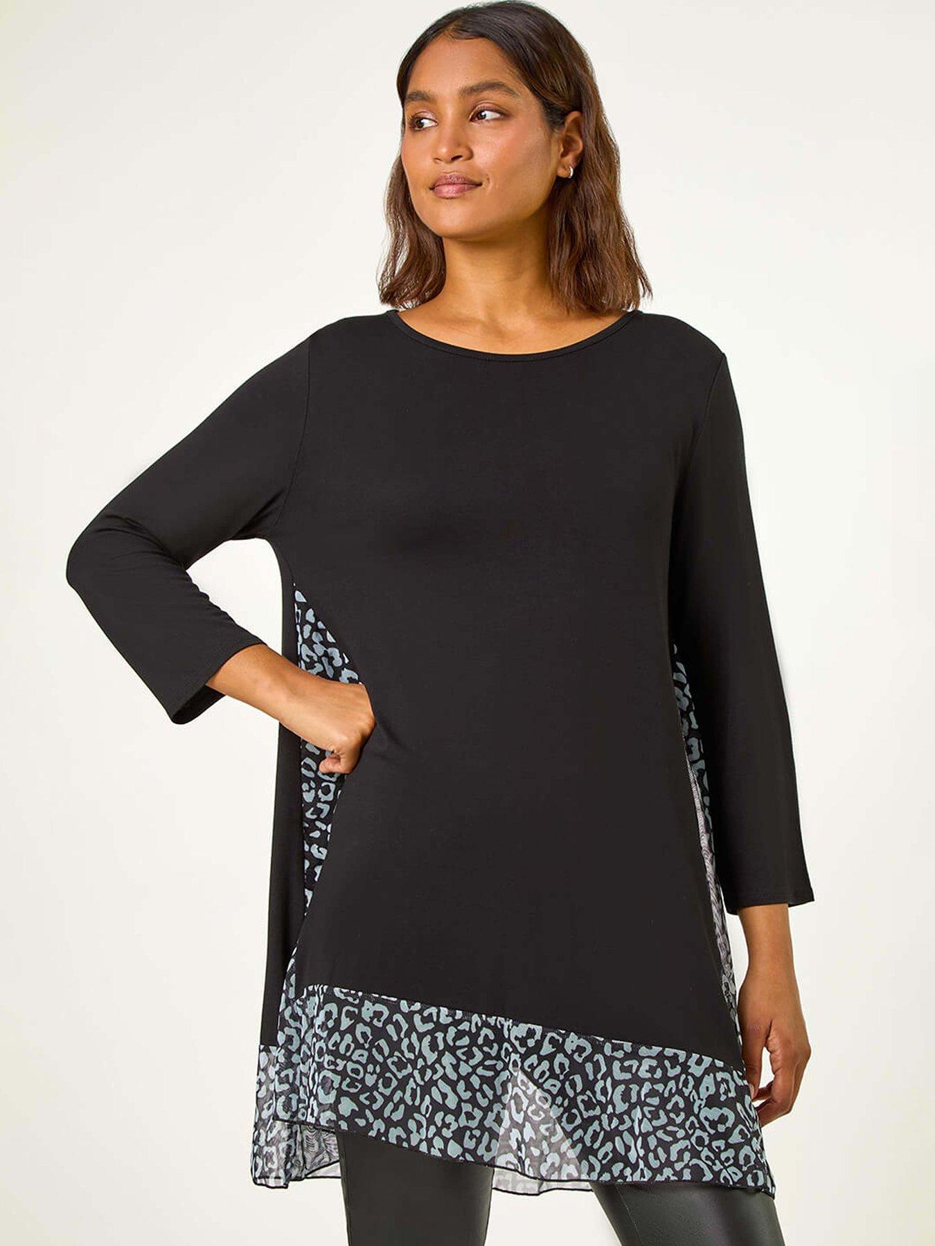 Roman Animal Print Contrast Mesh Hem Stretch Top - Black