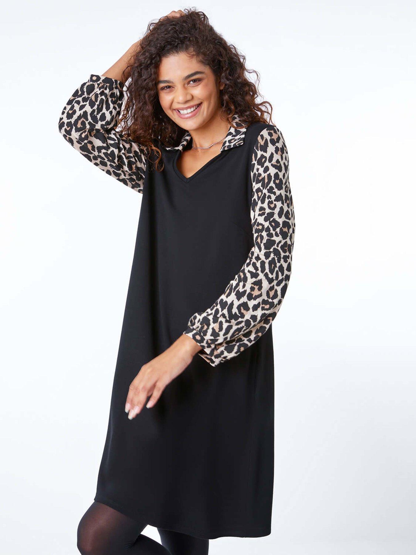 roman-contrast-leopard-print-swing-dress-blackfront