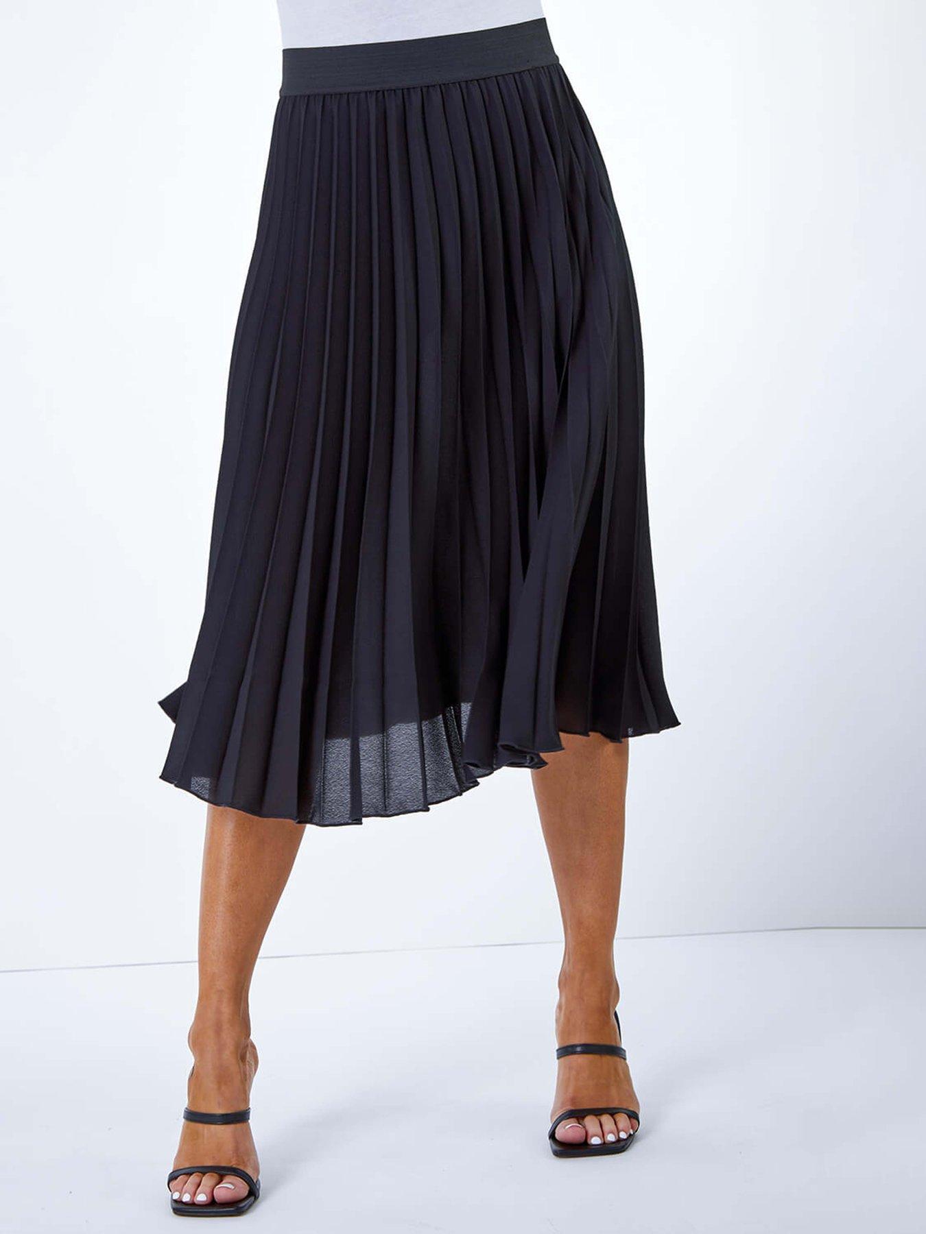 Roman Petite Pleated Elastic Waist Midi Skirt - Black